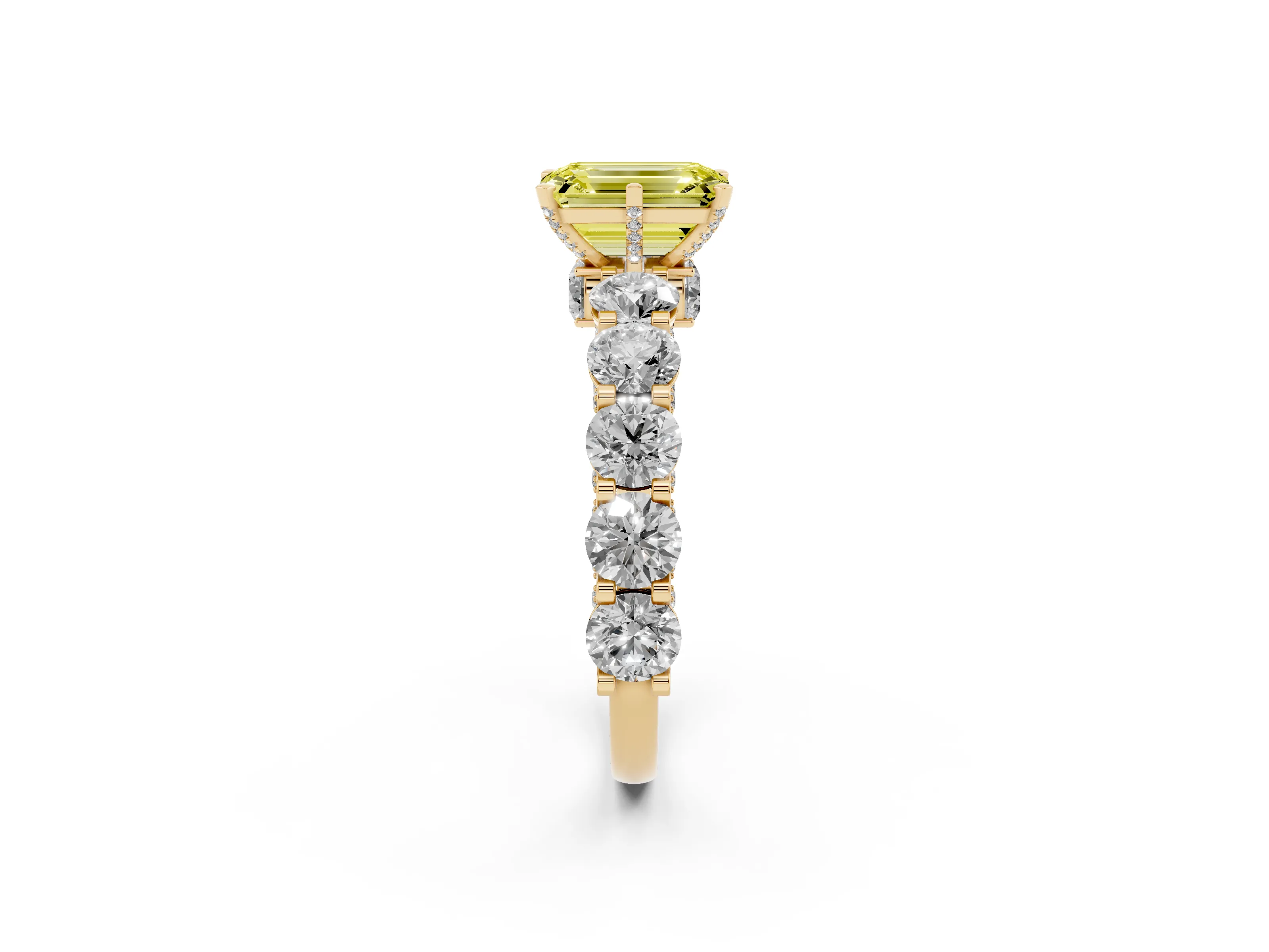 Fancy Yellow Emerald Cut Diamond Side Stone Ring Set in Yellow gold with Alternating Round and Oval Side Stones