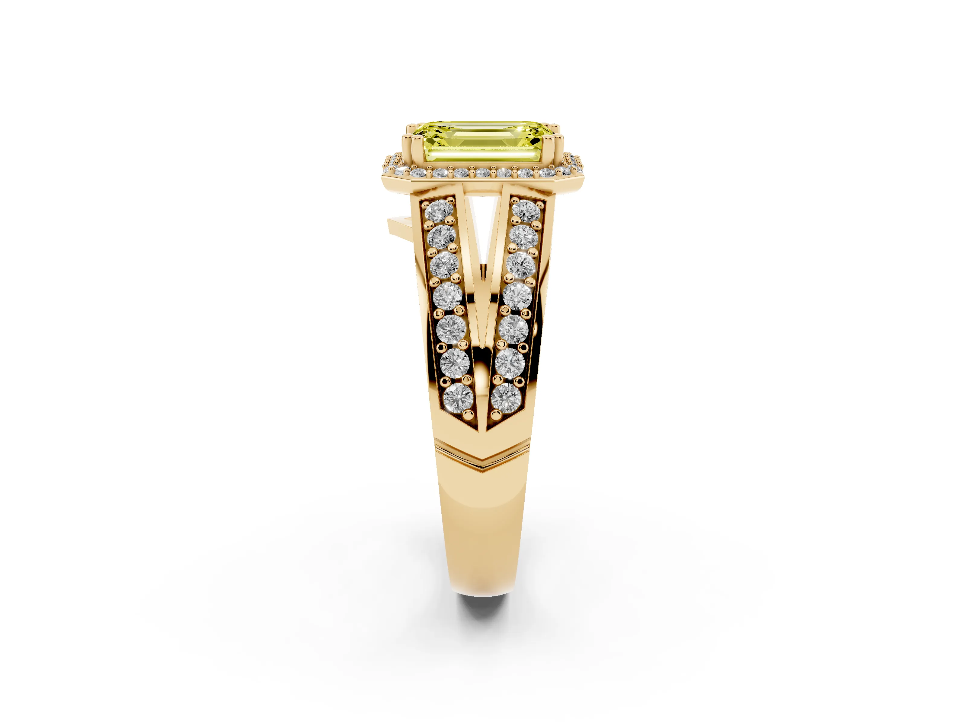 Fancy Yellow Emerald Cut Diamond Halo Ring Set in Yellow gold with Double Pavé Split Shank