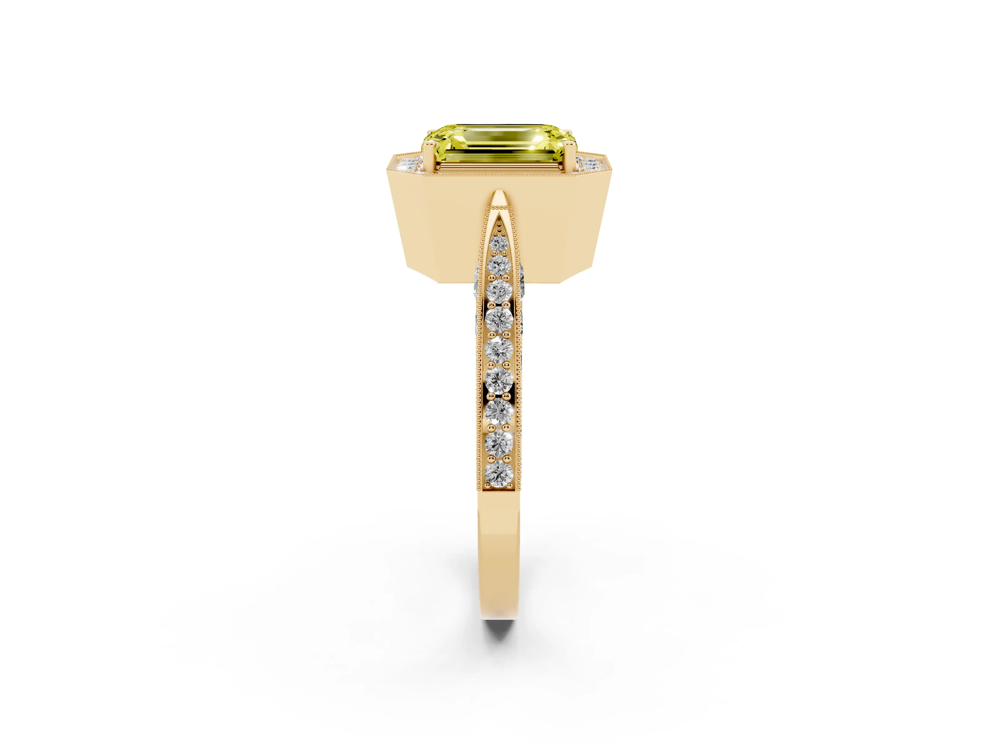 Fancy Yellow Emerald Cut Diamond Halo Engagement Ring Set in Yellow gold with Accent Split Shank Band