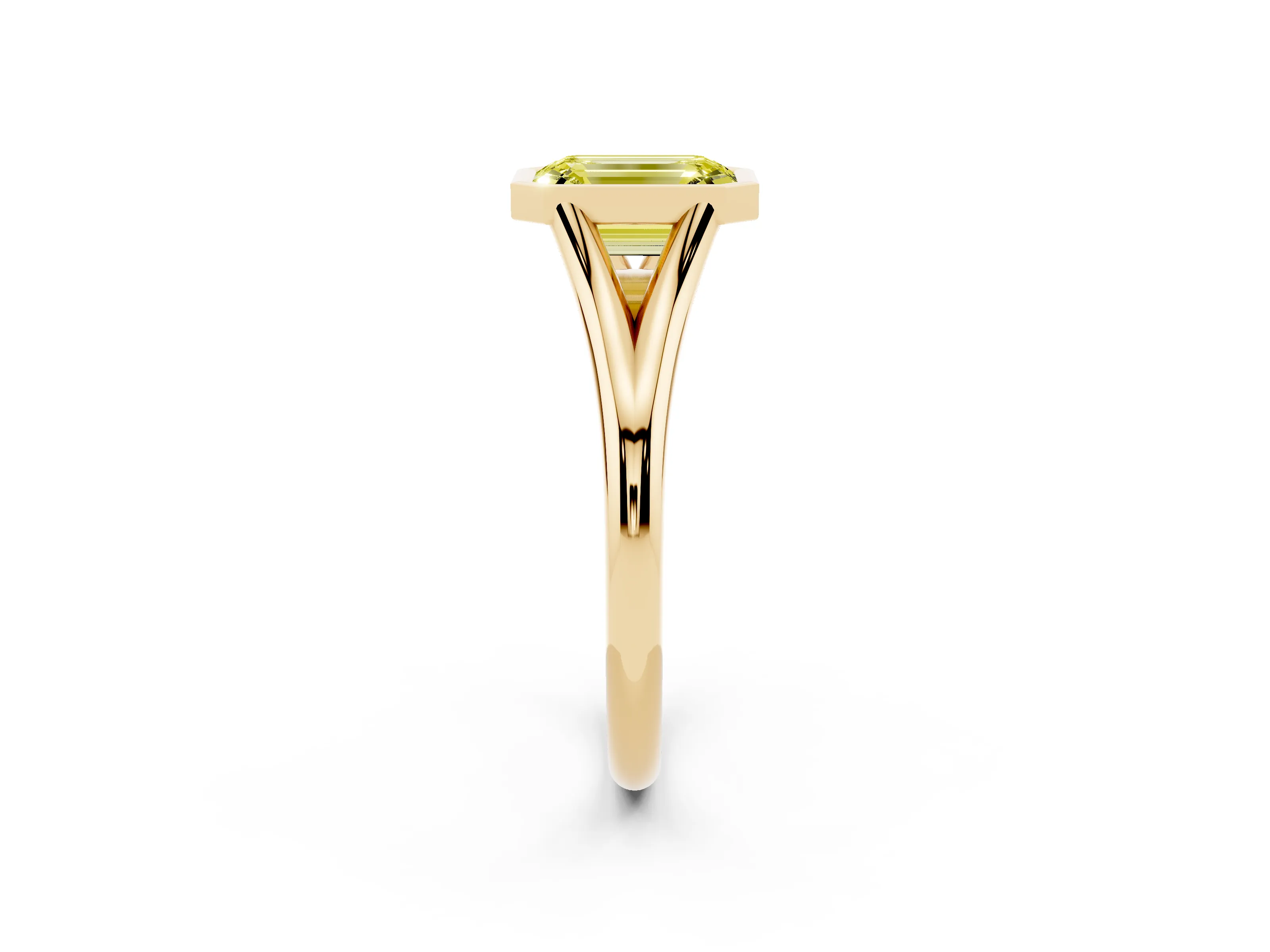 Fancy Yellow Bezel Set Emerald Cut Diamond Solitaire Ring Set in Yellow gold with Tapered Band