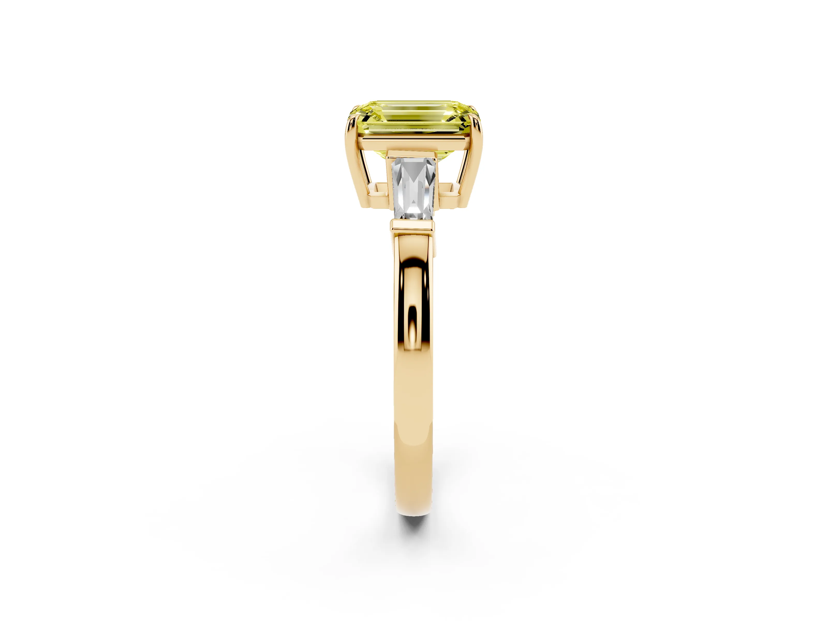 Fancy Yellow Emerald Cut Diamond Three-Stone Ring Set in Yellow gold with Tapered Baguette Side Stones and Prong Setting