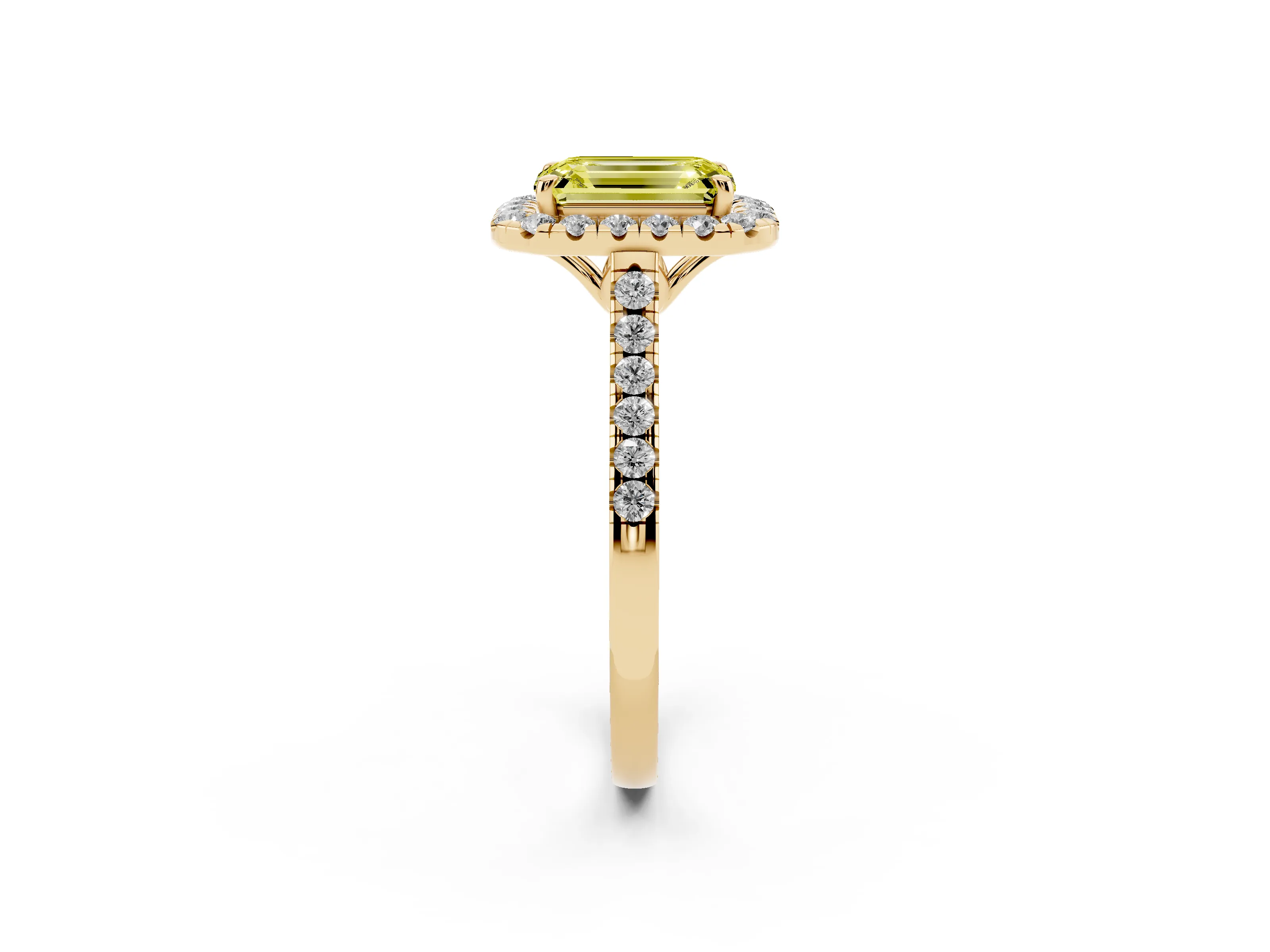 Fancy Yellow Emerald Cut Diamond Pavé Halo Engagement Ring Set in Yellow gold with Pavé Band and Prong Setting