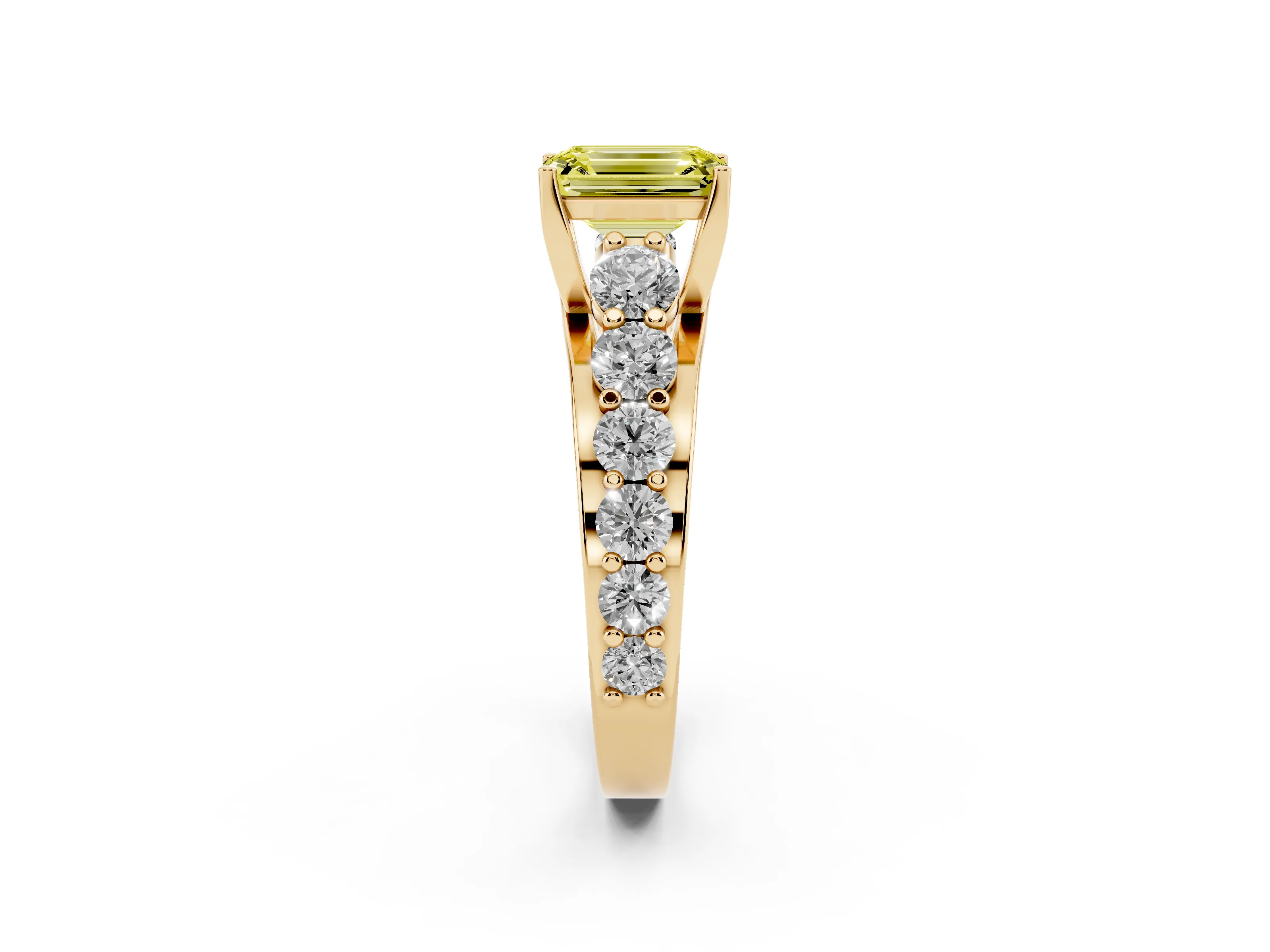 Fancy Yellow Emerald Cut Diamond Pavé Engagement Ring Set in Yellow gold with Prong Setting