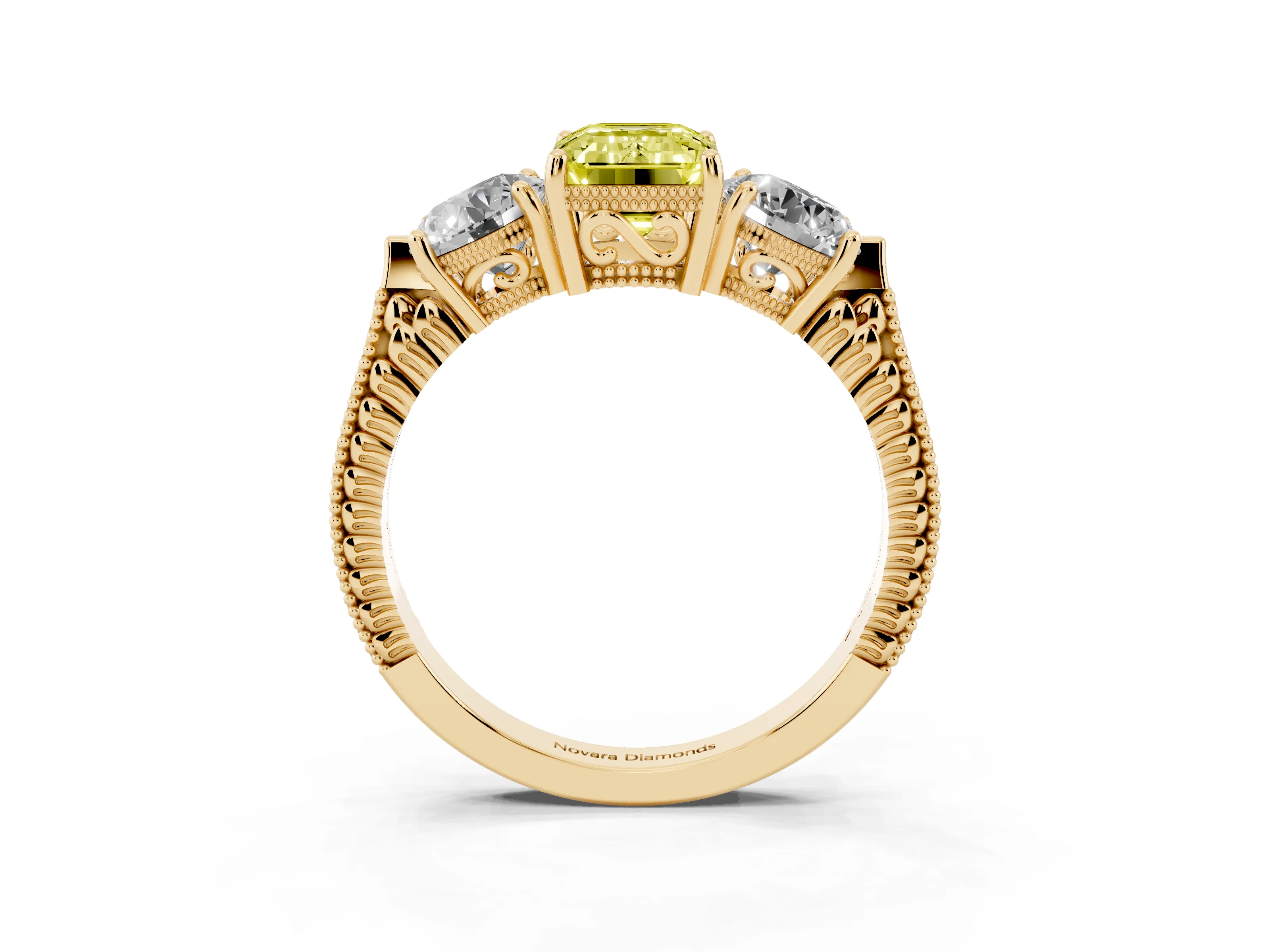 Fancy Yellow Emerald Cut Diamond Three-Stone Ring Set in Yellow gold with Milgrain Band