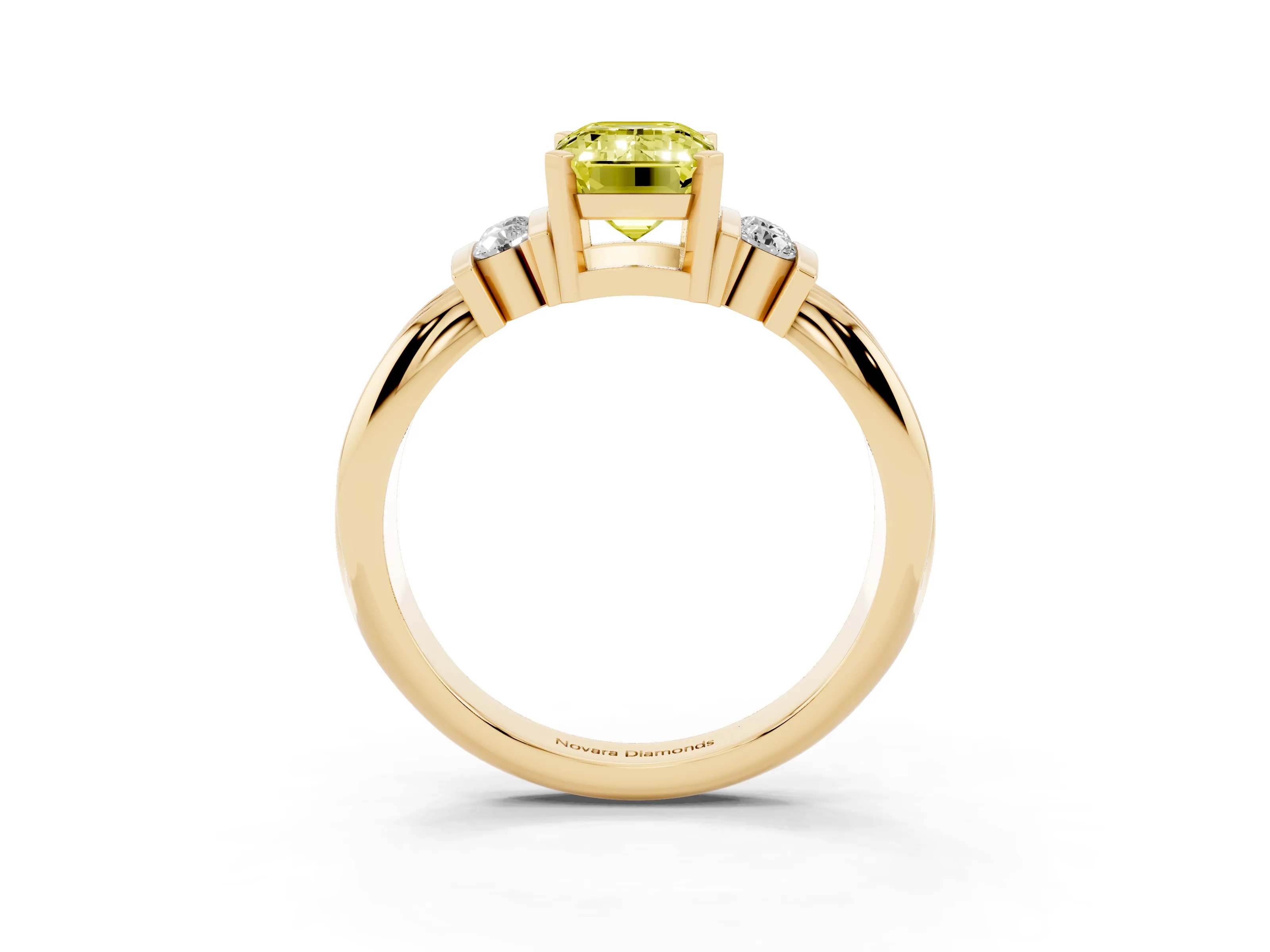Fancy Yellow Three-Stone Emerald Cut Diamond Channel Set Ring Set in Yellow gold with Bar Prongs