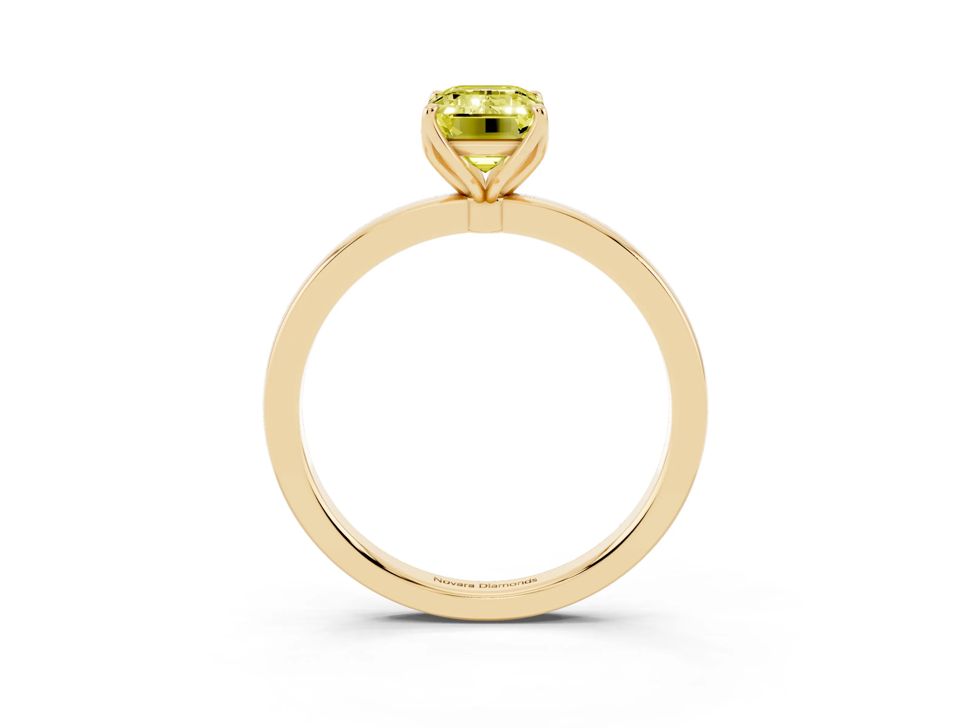 Fancy Yellow Emerald Cut Diamond Solitaire Ring Set in Yellow gold with Prong Setting and Thin Polished Band