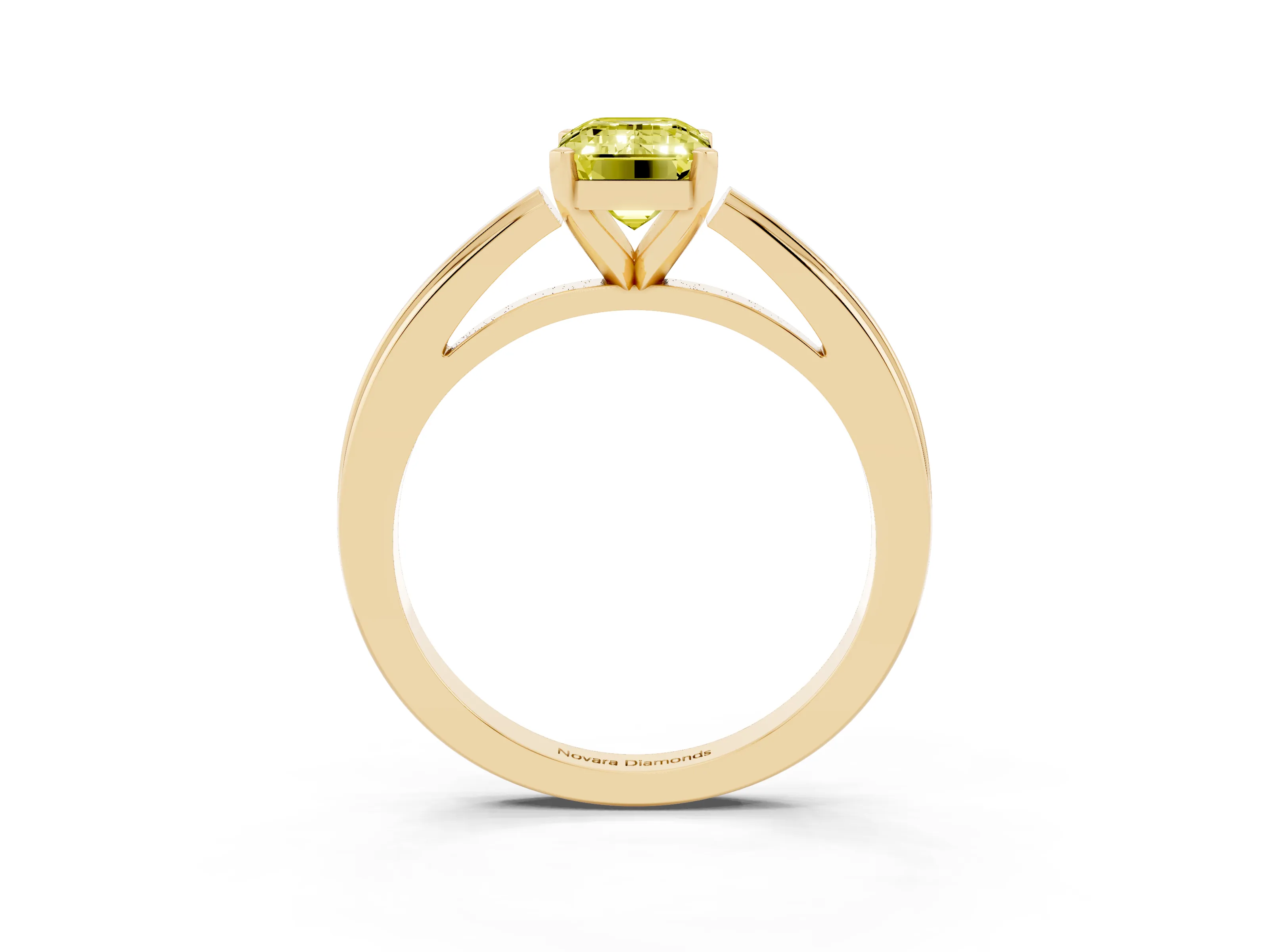 Fancy Yellow Emerald Cut Diamond Solitaire Ring Set in Yellow gold with Prong Setting and Classic Band