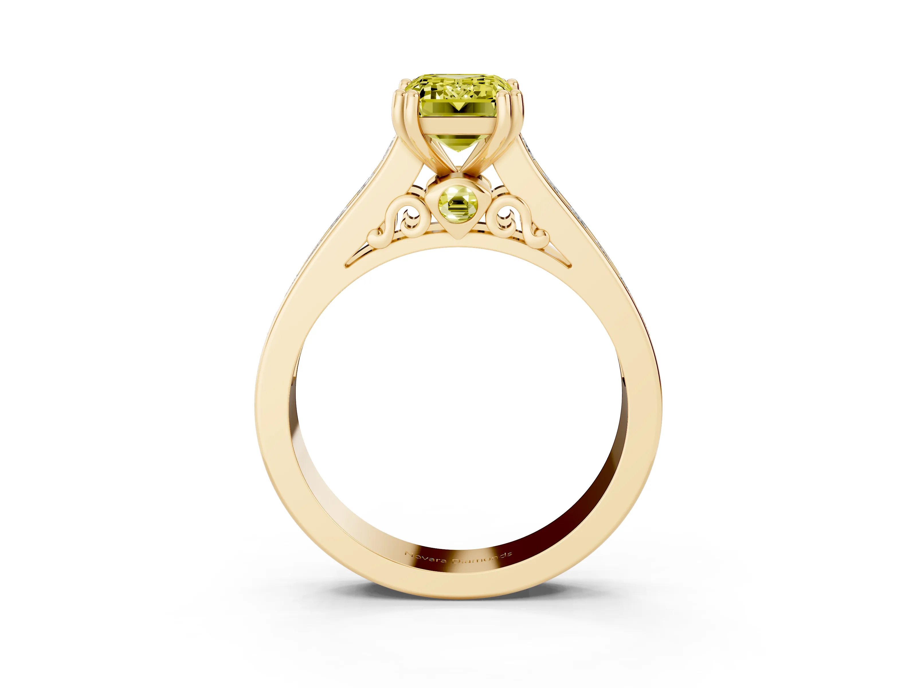 Fancy Yellow Emerald Cut Diamond Channel Set Solitaire Engagement Ring Set in Yellow gold with Prong Setting