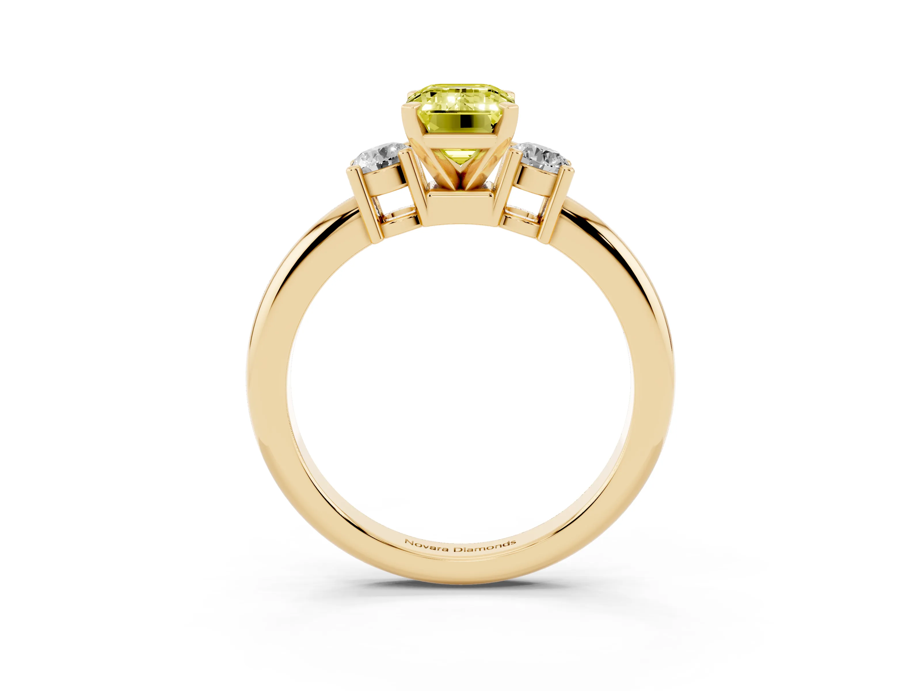 Fancy Yellow Three-Stone Emerald Cut Diamond Ring Set in Yellow gold with Prong Setting and Plain Band