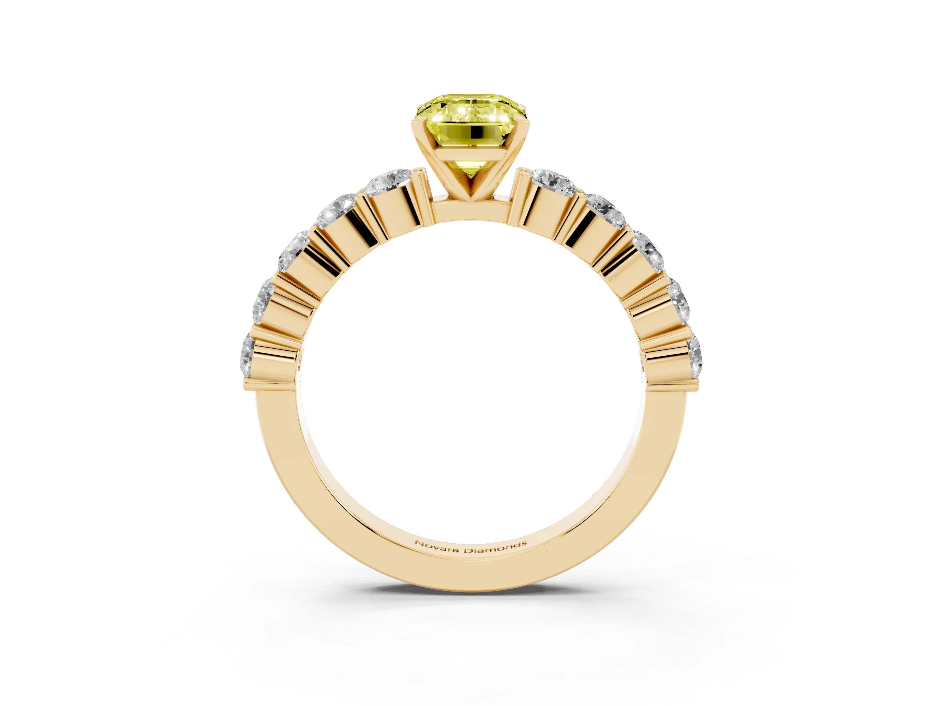 Fancy Yellow Emerald Cut Diamond Solitaire Ring Set in Yellow gold with Shared Prong Round Side Stones