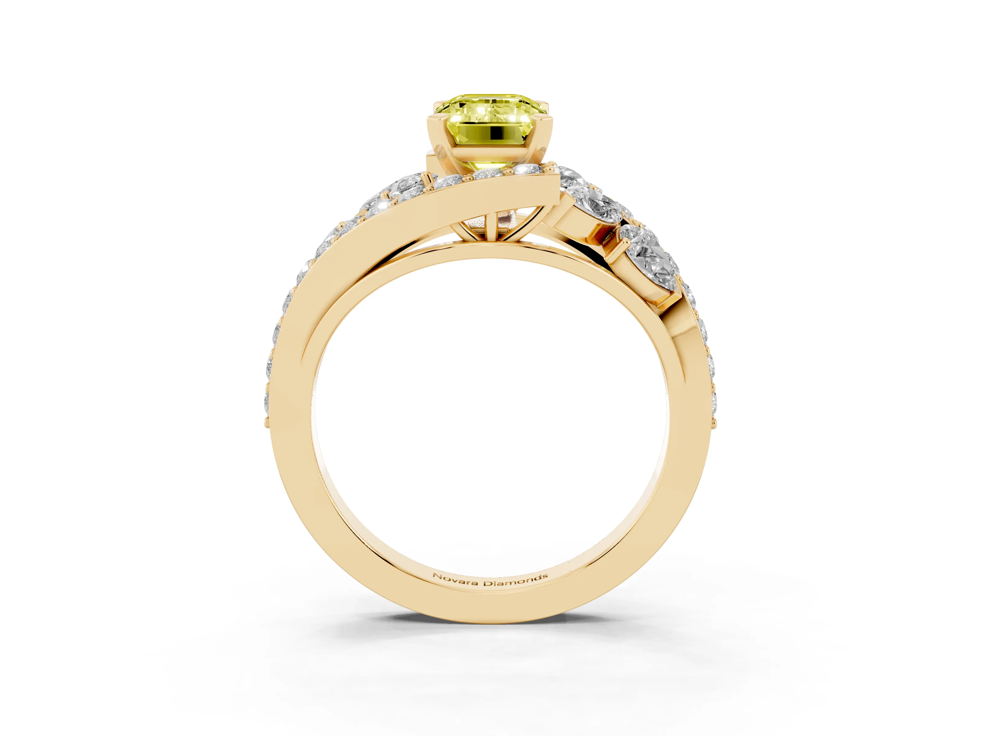 Fancy Yellow Emerald Cut Diamond Halo Ring Set in Yellow gold with Marquise and Pavé Band in Prong Setting