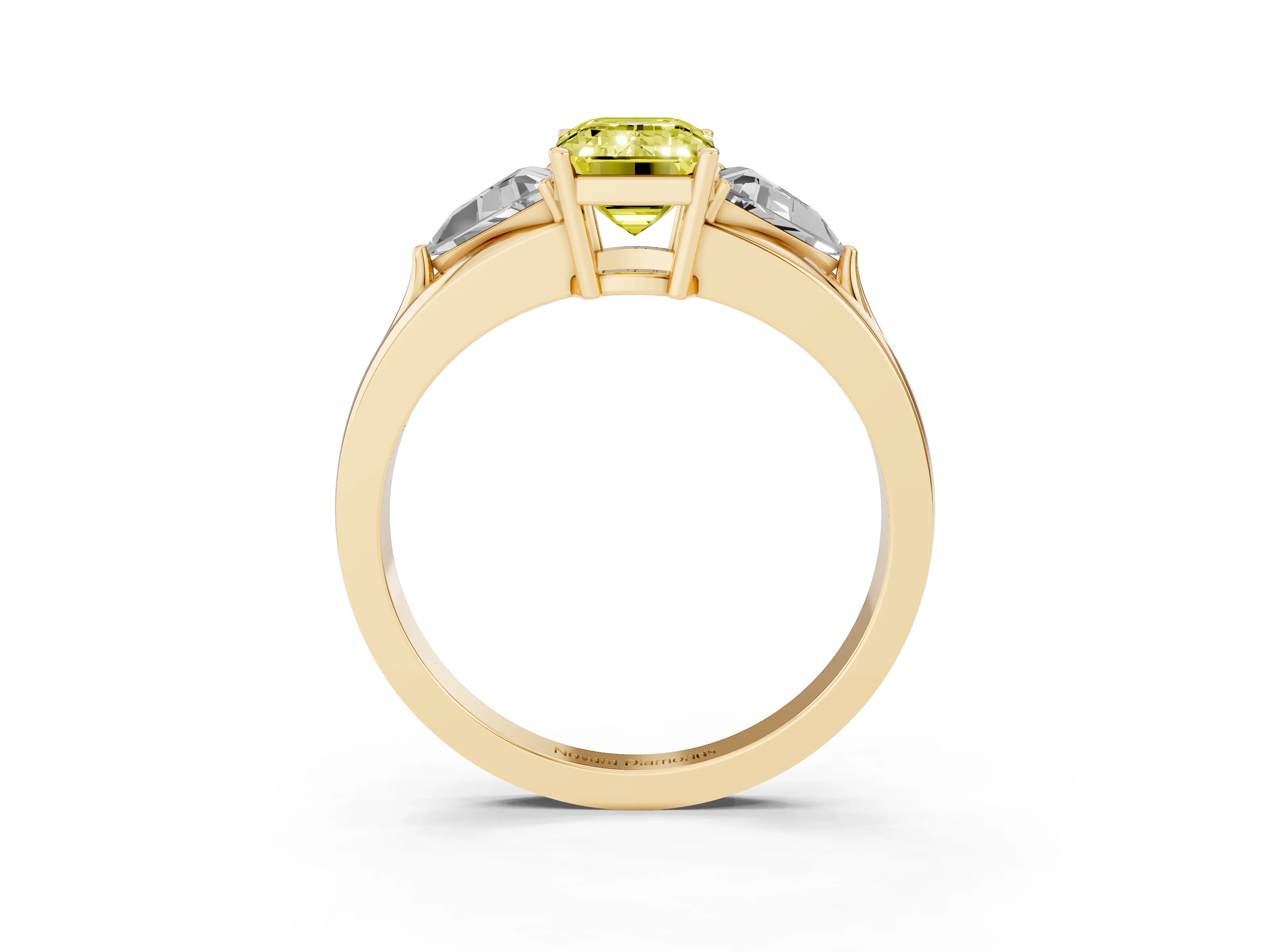 Fancy Yellow Emerald Cut Diamond Three-Stone Ring Set in Yellow gold with Trillion Side Stones and Split Shank