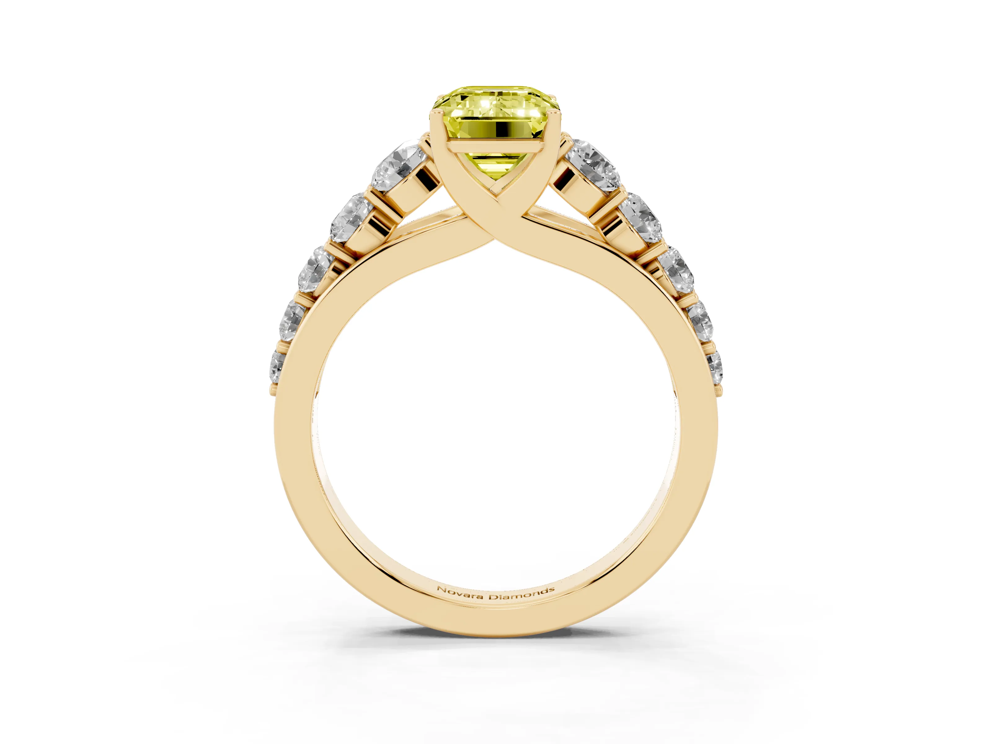 Fancy Yellow Emerald Cut Diamond Solitaire Ring Set in Yellow gold with Pavé-Set Band and Prong Setting