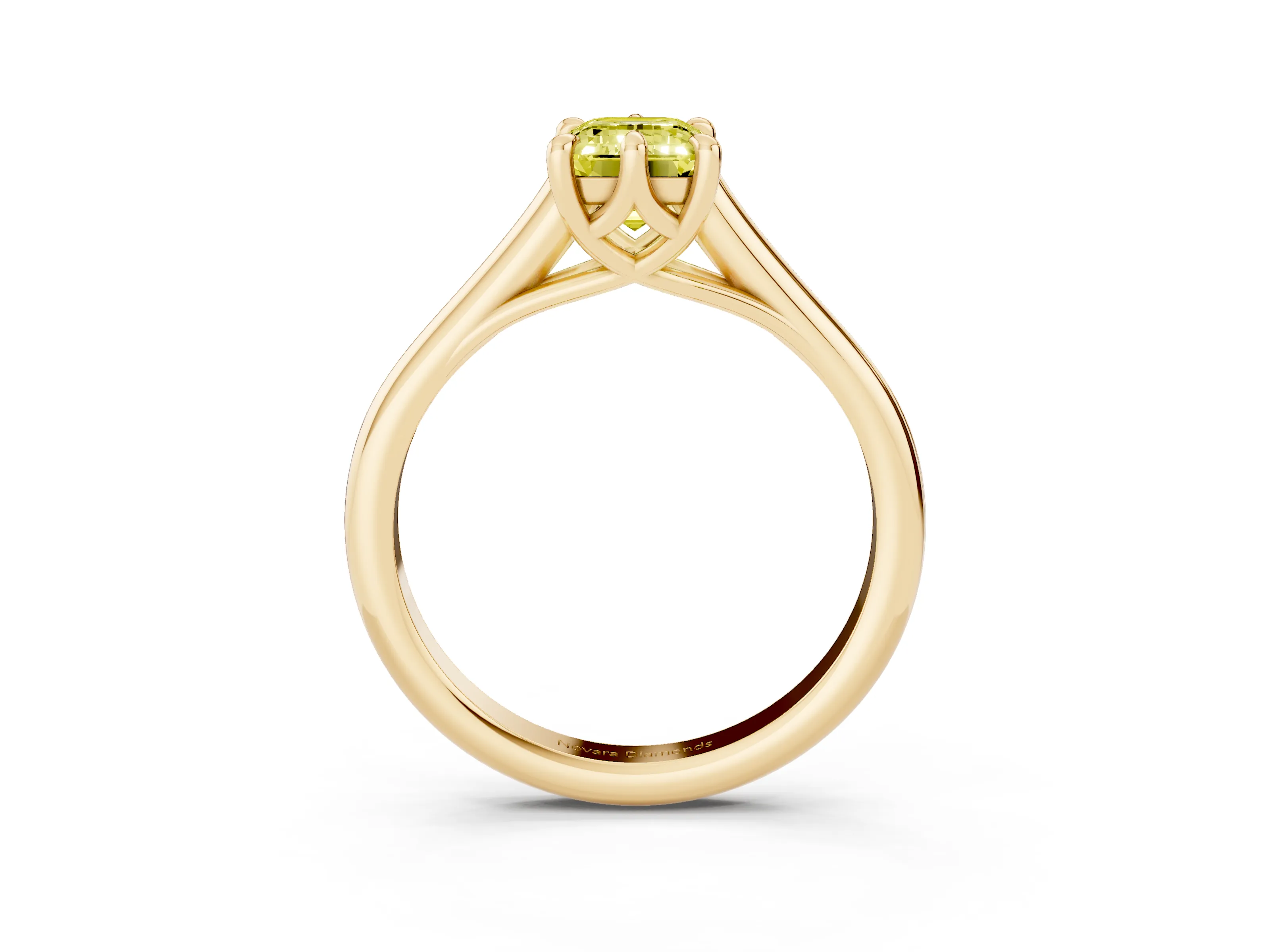 Fancy Yellow Emerald Cut Diamond Solitaire Engagement Ring Set in Yellow gold with Prong Setting and Plain Classic Band