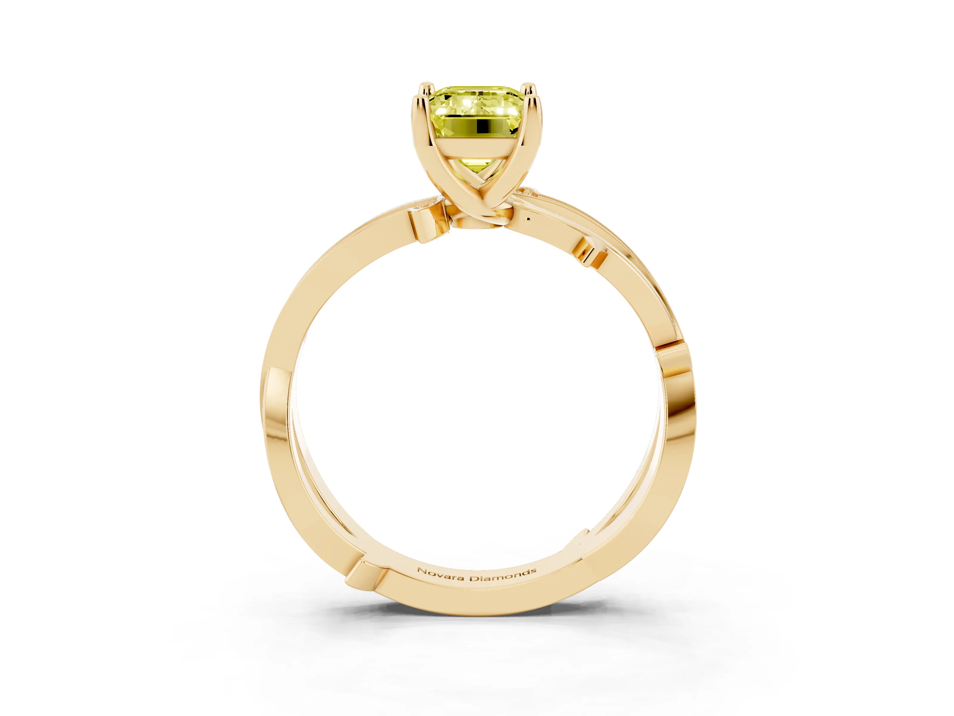 Fancy Yellow Emerald Cut Diamond Pavé Twist Band Solitaire Ring Set in Yellow gold with Prong Setting