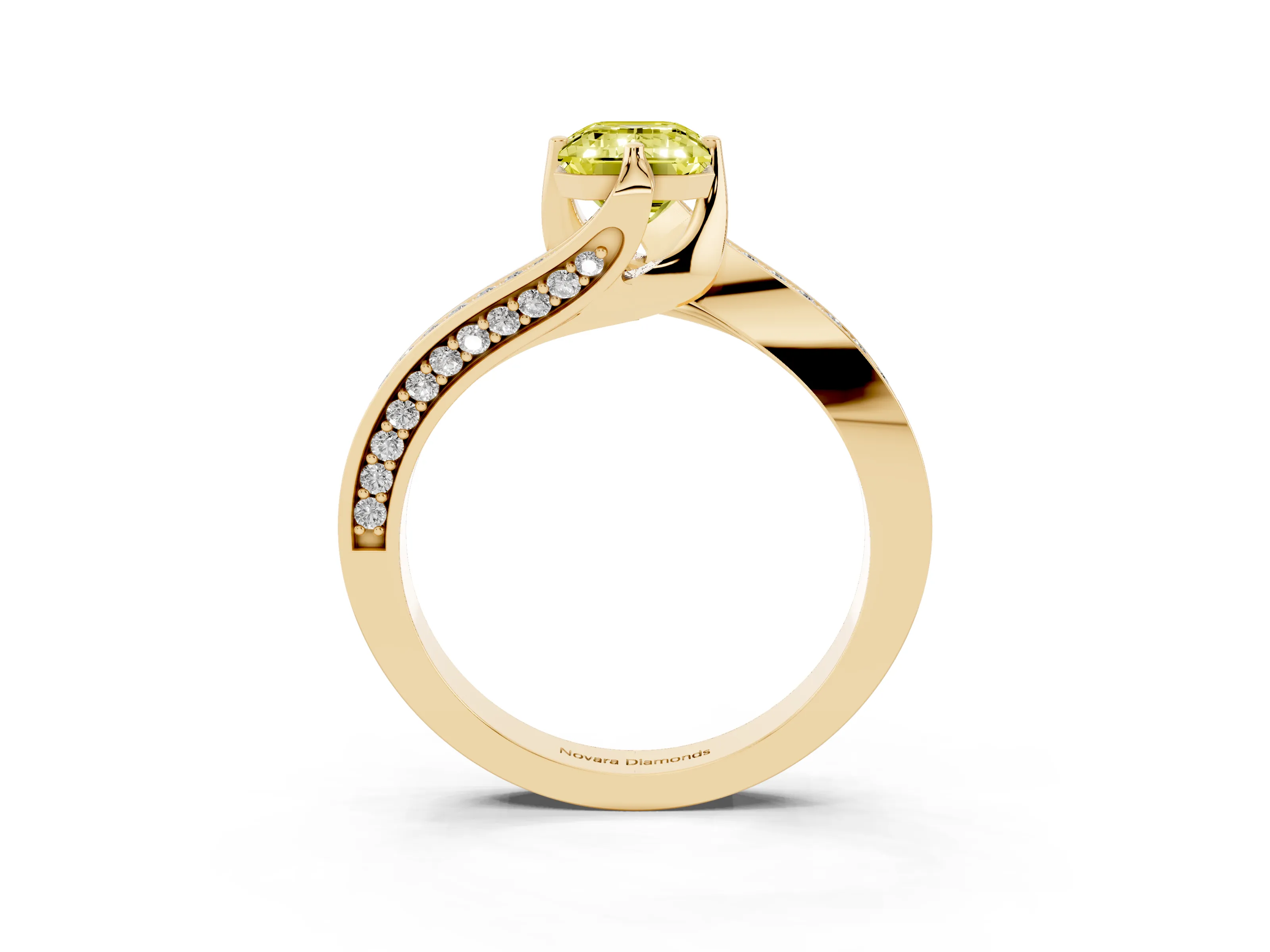 Fancy Yellow Emerald Cut Diamond Solitaire Ring Set in Yellow gold with Intertwined Pavé Twist Band