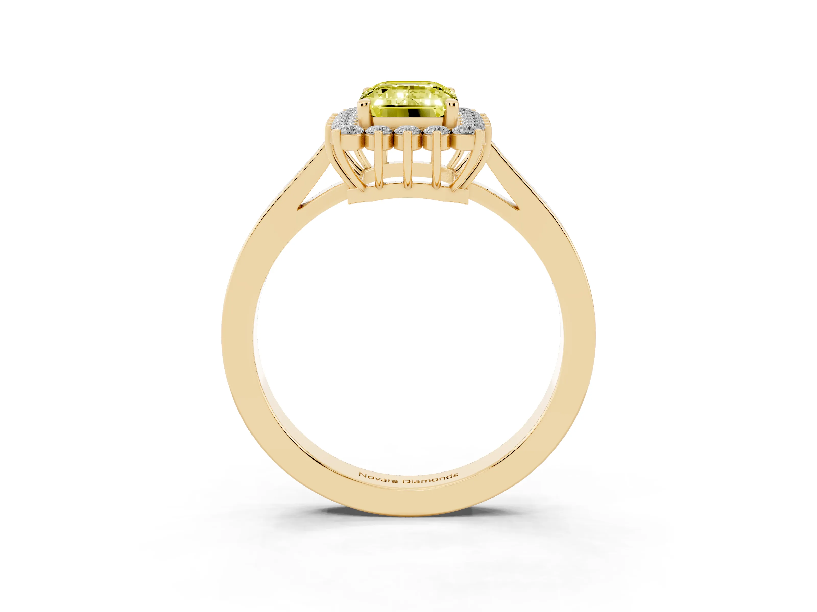 Fancy Yellow Emerald Cut Diamond Halo Ring Set in Yellow gold with Round Halo and Smooth Solitaire Band