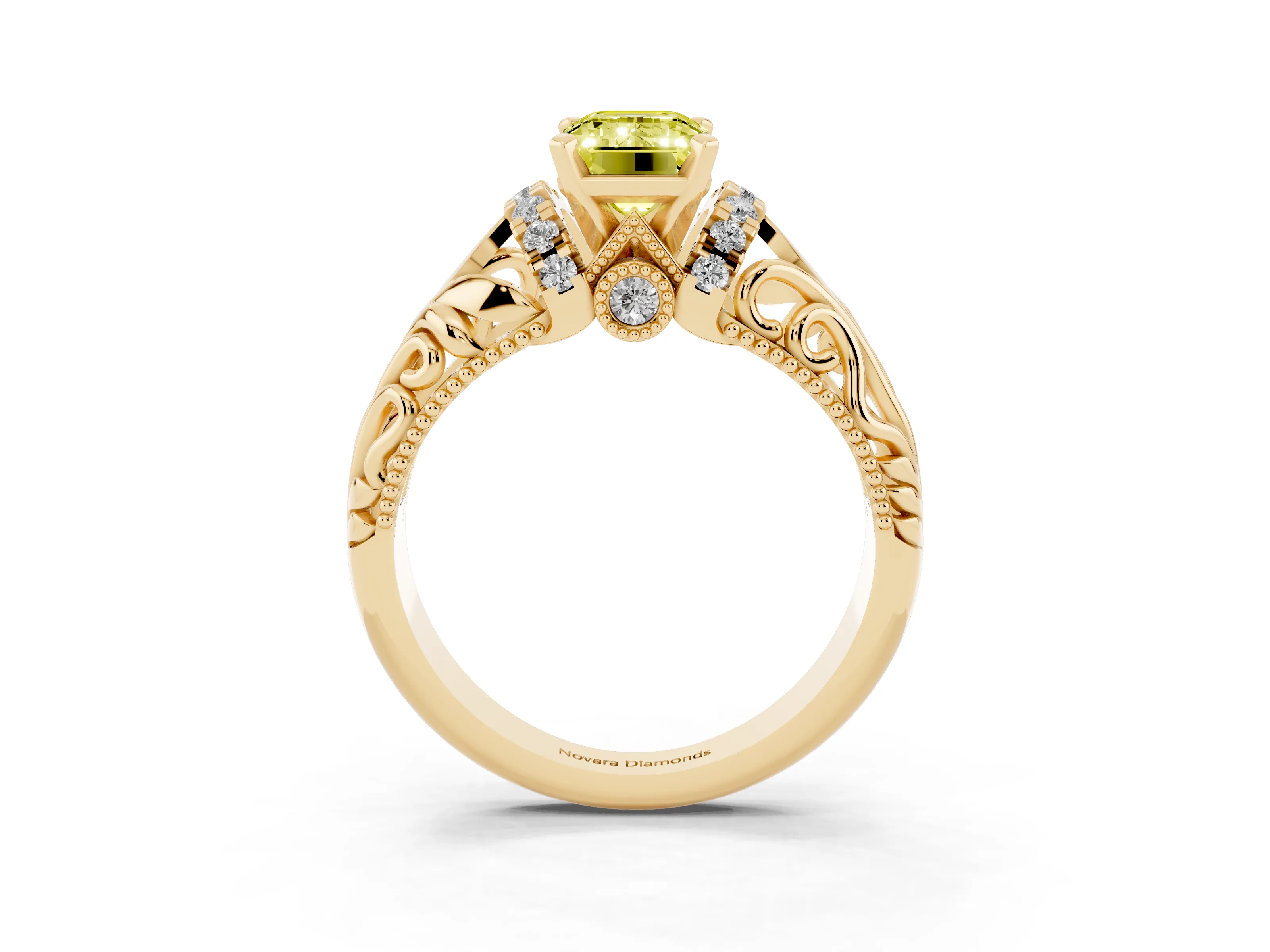 Fancy Yellow Emerald Cut Diamond Filigree Halo Engagement Ring Set in Yellow gold with Prong Setting