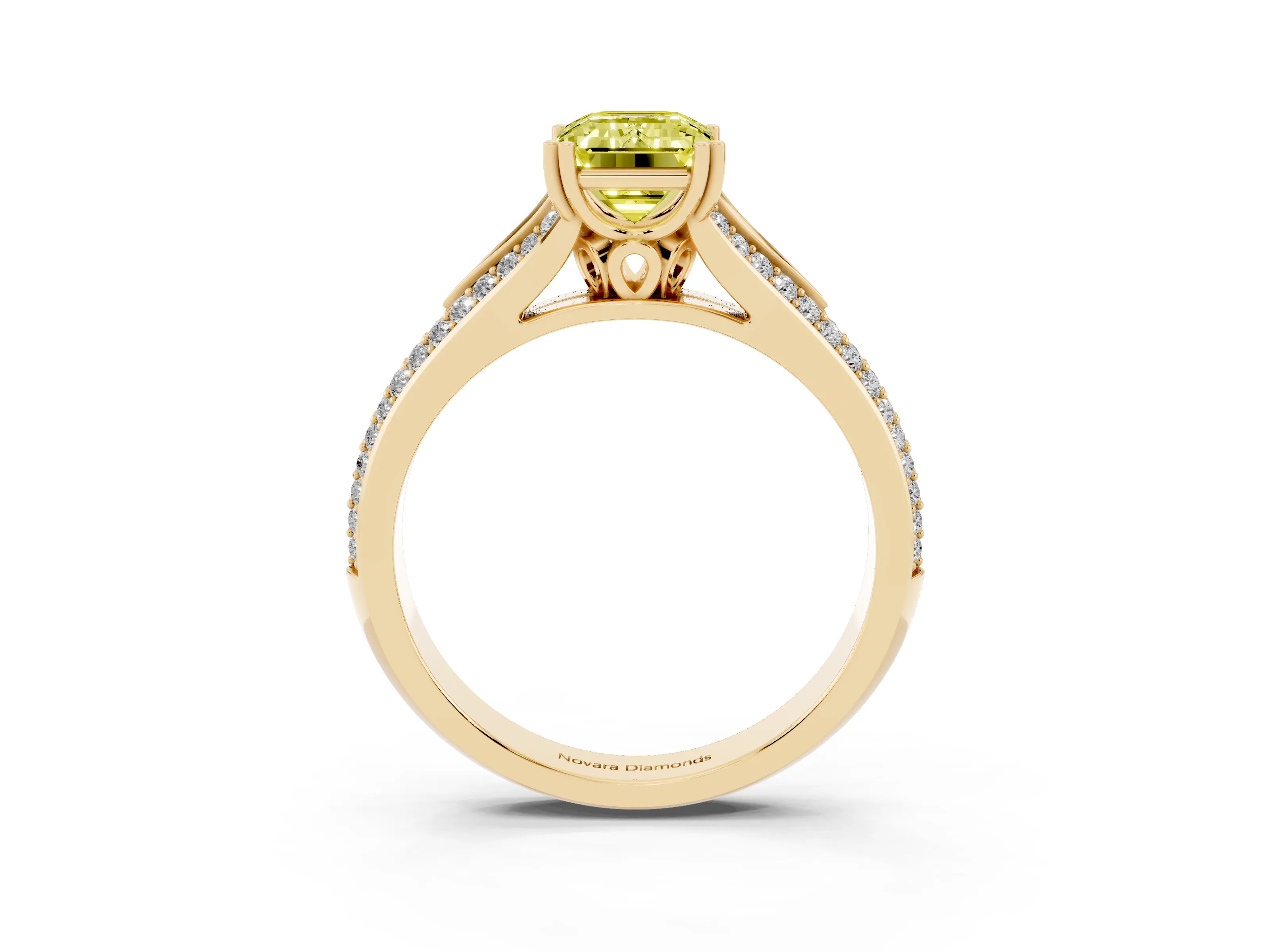 Fancy Yellow Emerald Cut Diamond Split Shank Pavé Engagement Ring Set in Yellow gold with Prong-Set Center Stone