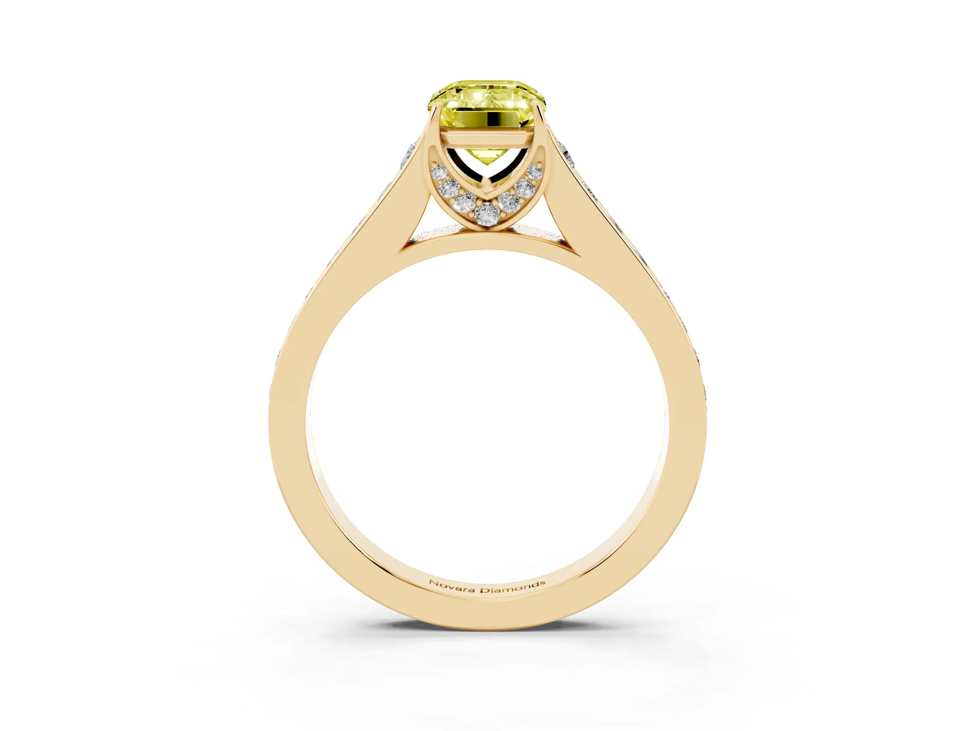 Fancy Yellow Emerald Cut Diamond Solitaire Pavé Engagement Ring Set in Yellow gold with Prong Setting
