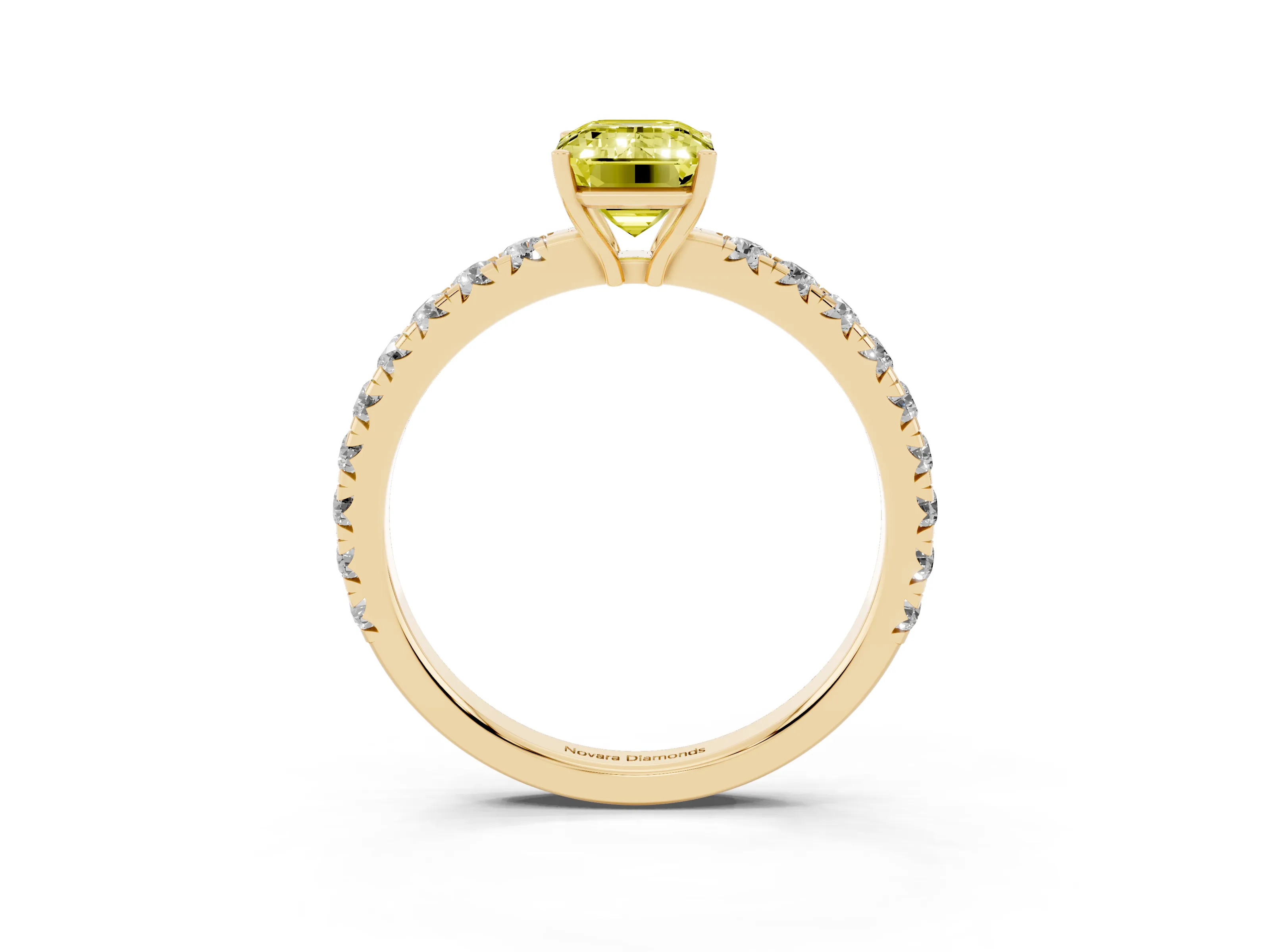 Fancy Yellow Emerald Cut Diamond Pavé Solitaire Engagement Ring Set in Yellow gold with Prong Setting