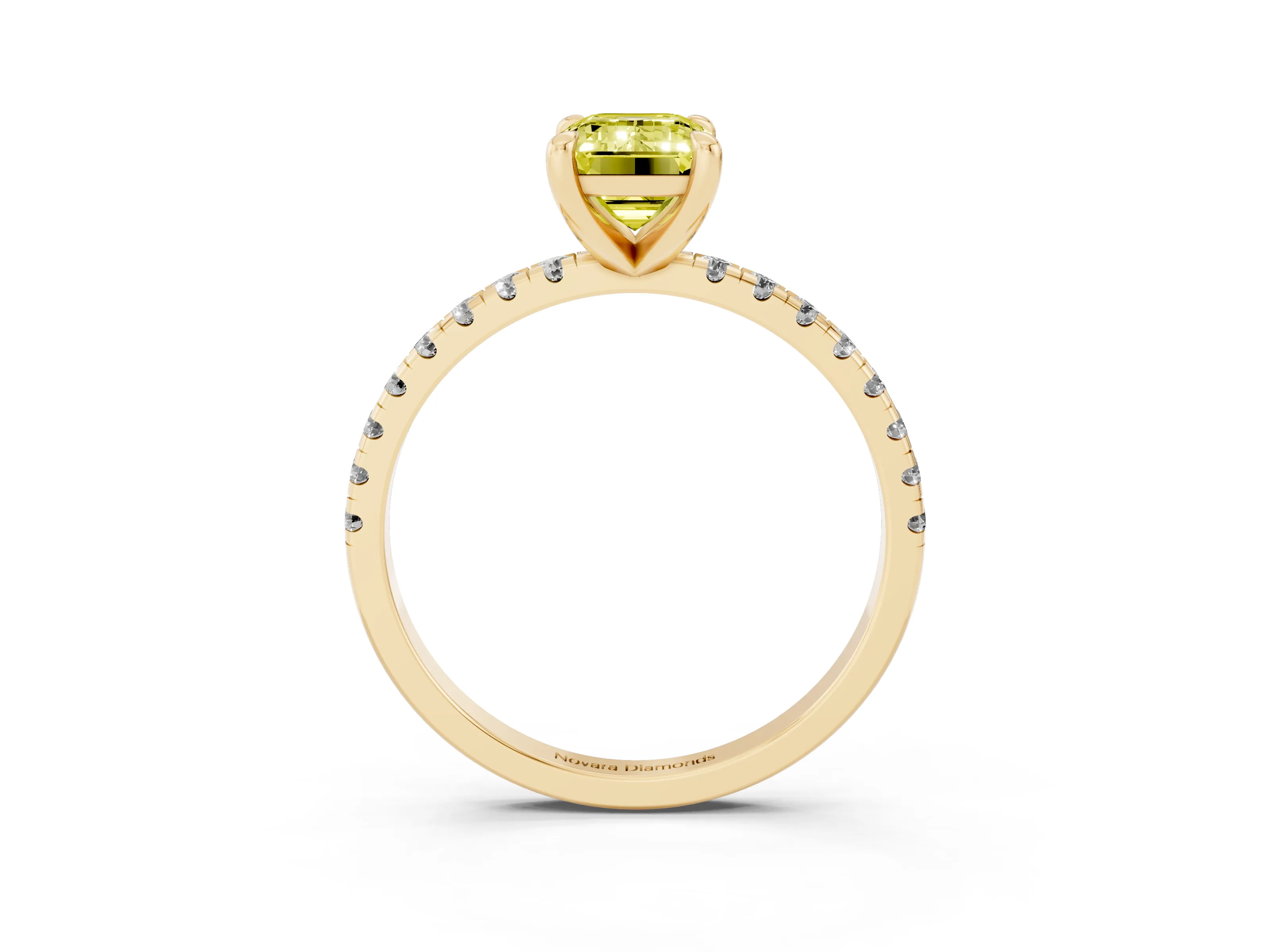 Fancy Yellow Emerald Cut Diamond Brilliant Solitaire Ring Set in Yellow gold with Pavé Band and Prong Setting