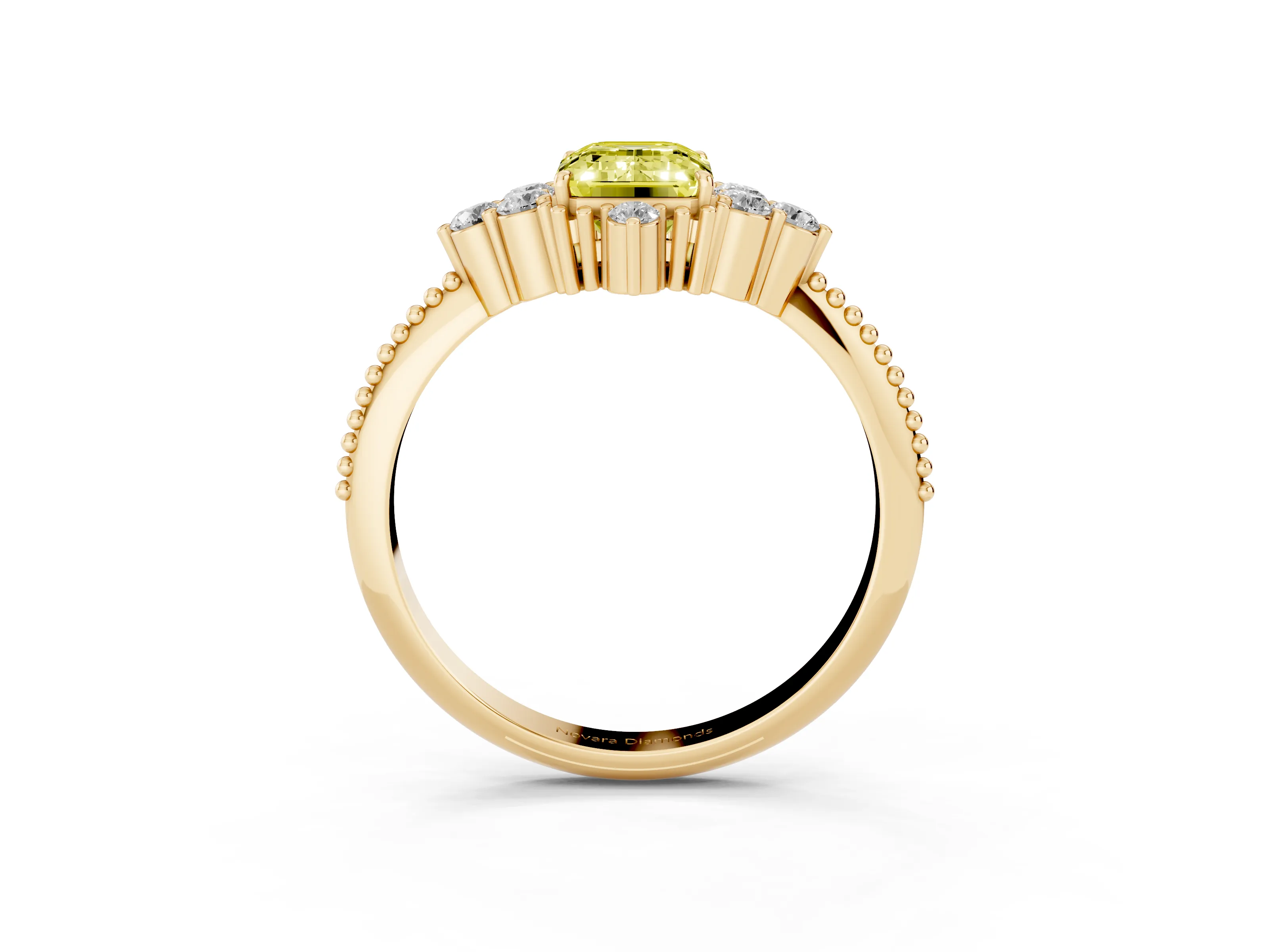 Fancy Yellow Emerald Cut Diamond Cluster Ring Set in Yellow gold with Beaded Band