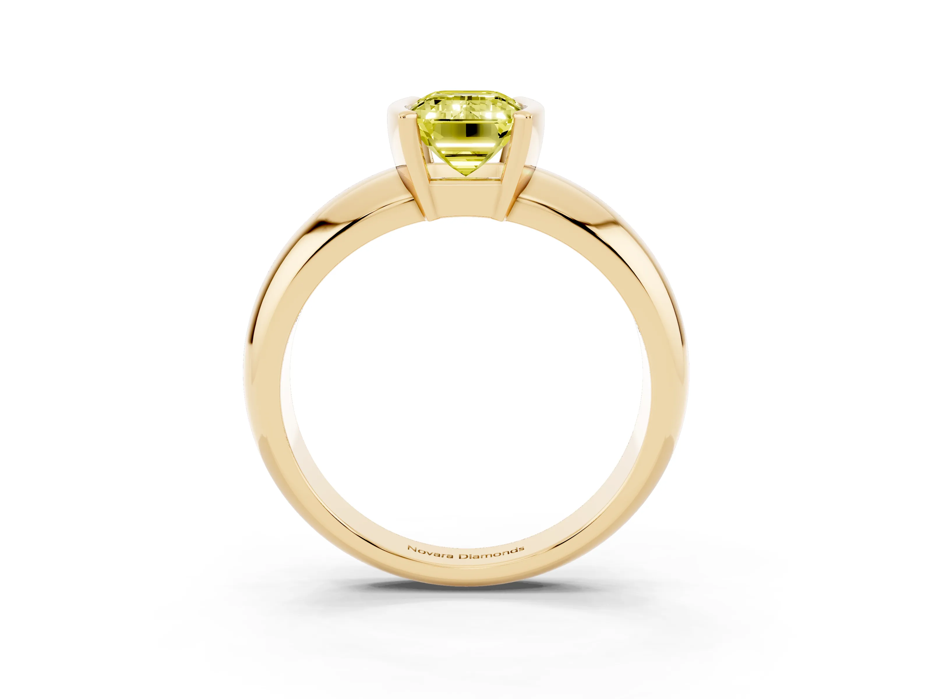 Fancy Yellow Emerald Cut Diamond Solitaire Tension Set Ring Set in Yellow gold with Wide Band