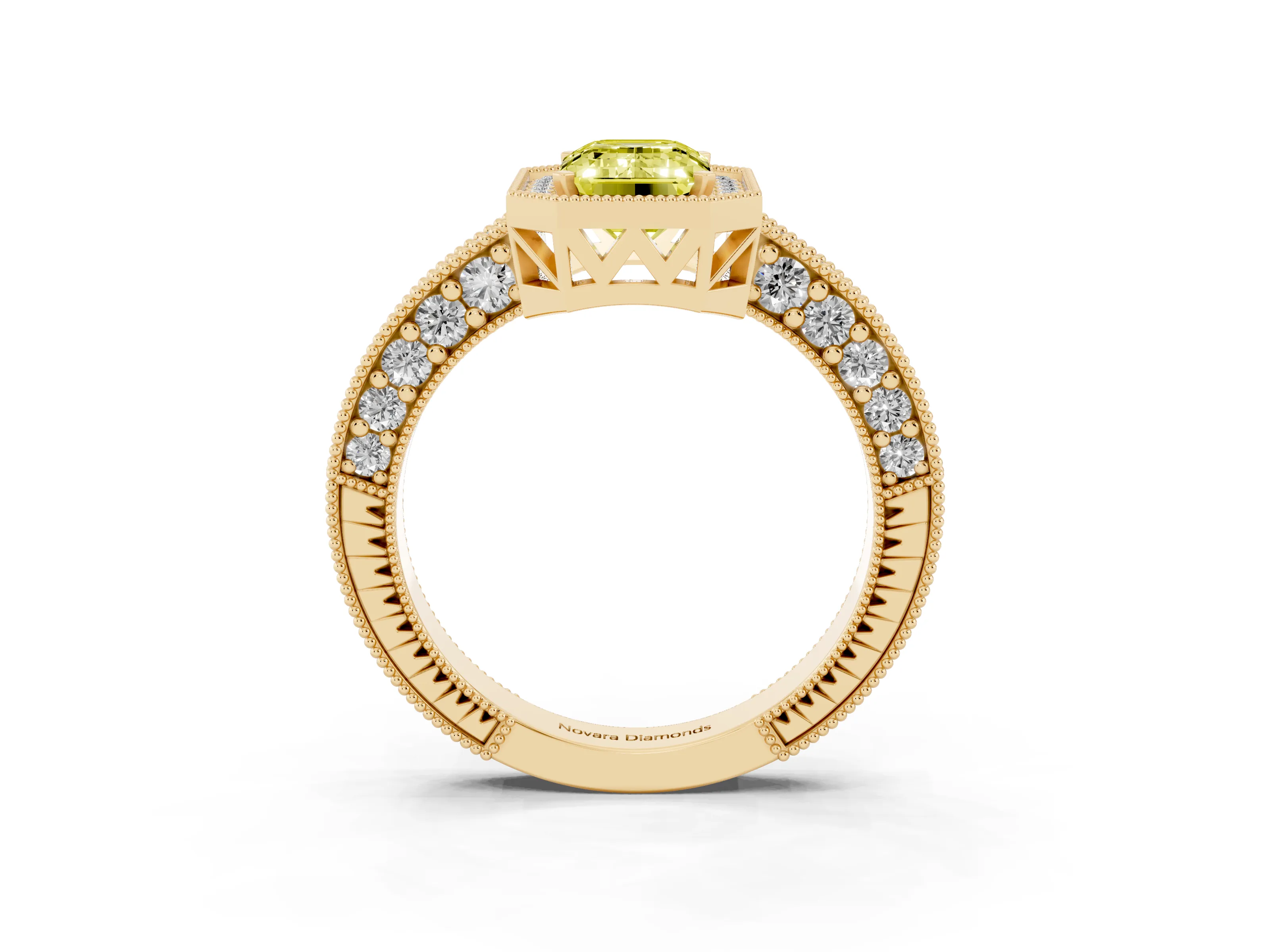 Fancy Yellow Emerald Cut Diamond Halo Pavé Band Ring Set in Yellow gold with Prong-Set Center