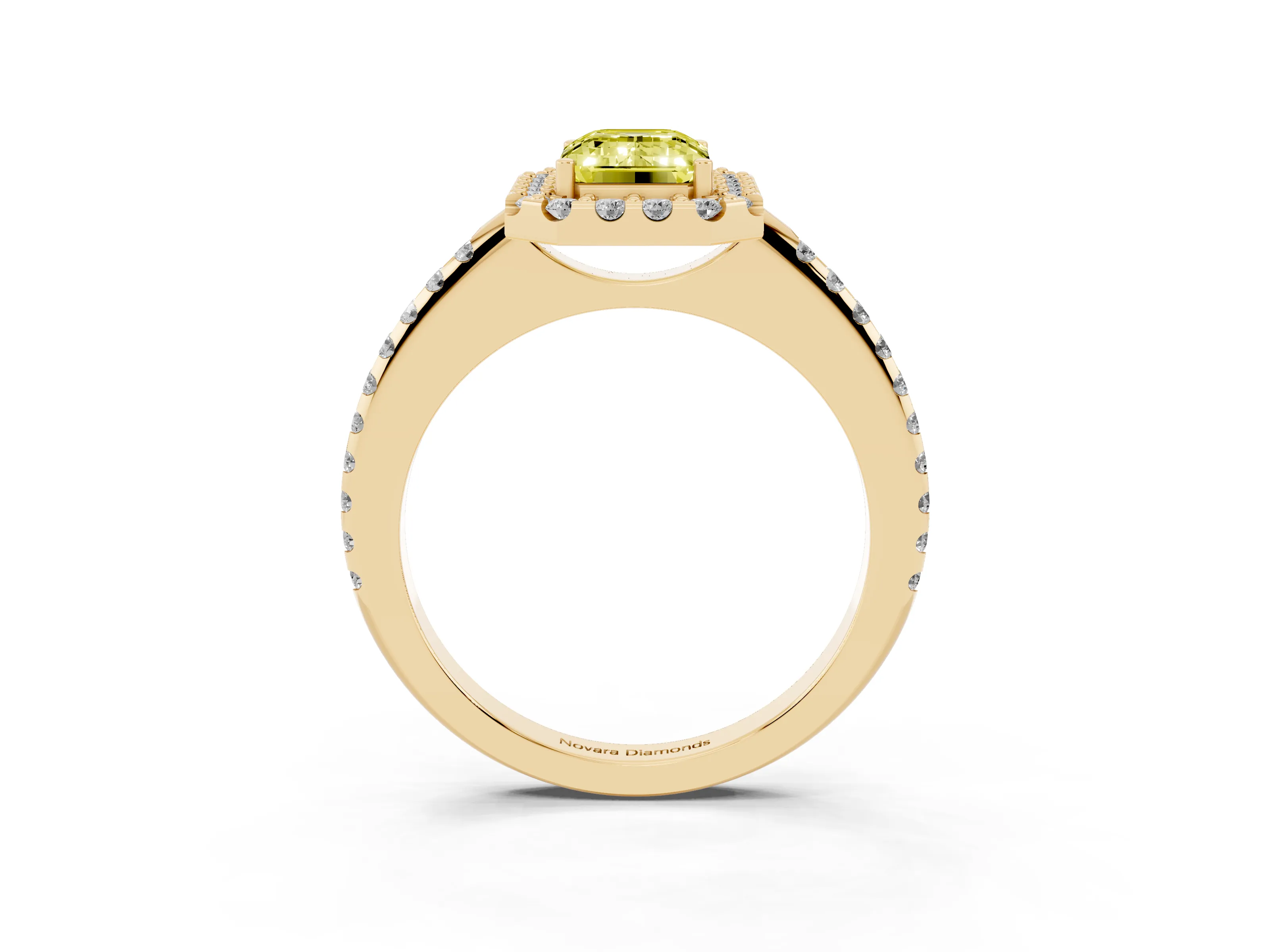 Fancy Yellow Emerald Cut Diamond Pavé Halo Ring Set in Yellow gold with Prong Setting