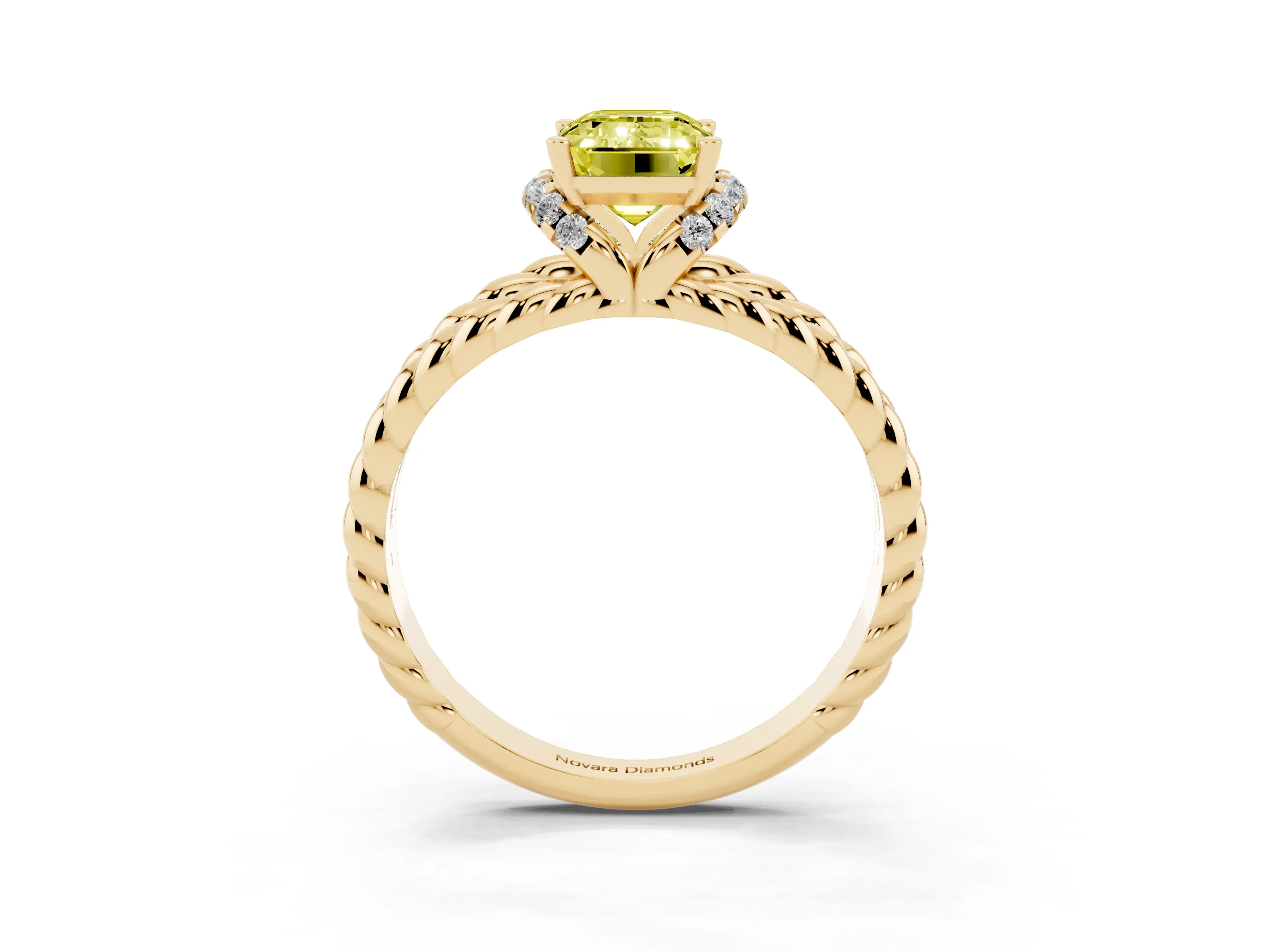 Fancy Yellow Emerald Cut Diamond Halo Ring Set in Yellow gold with Twisted Band and Prong Setting
