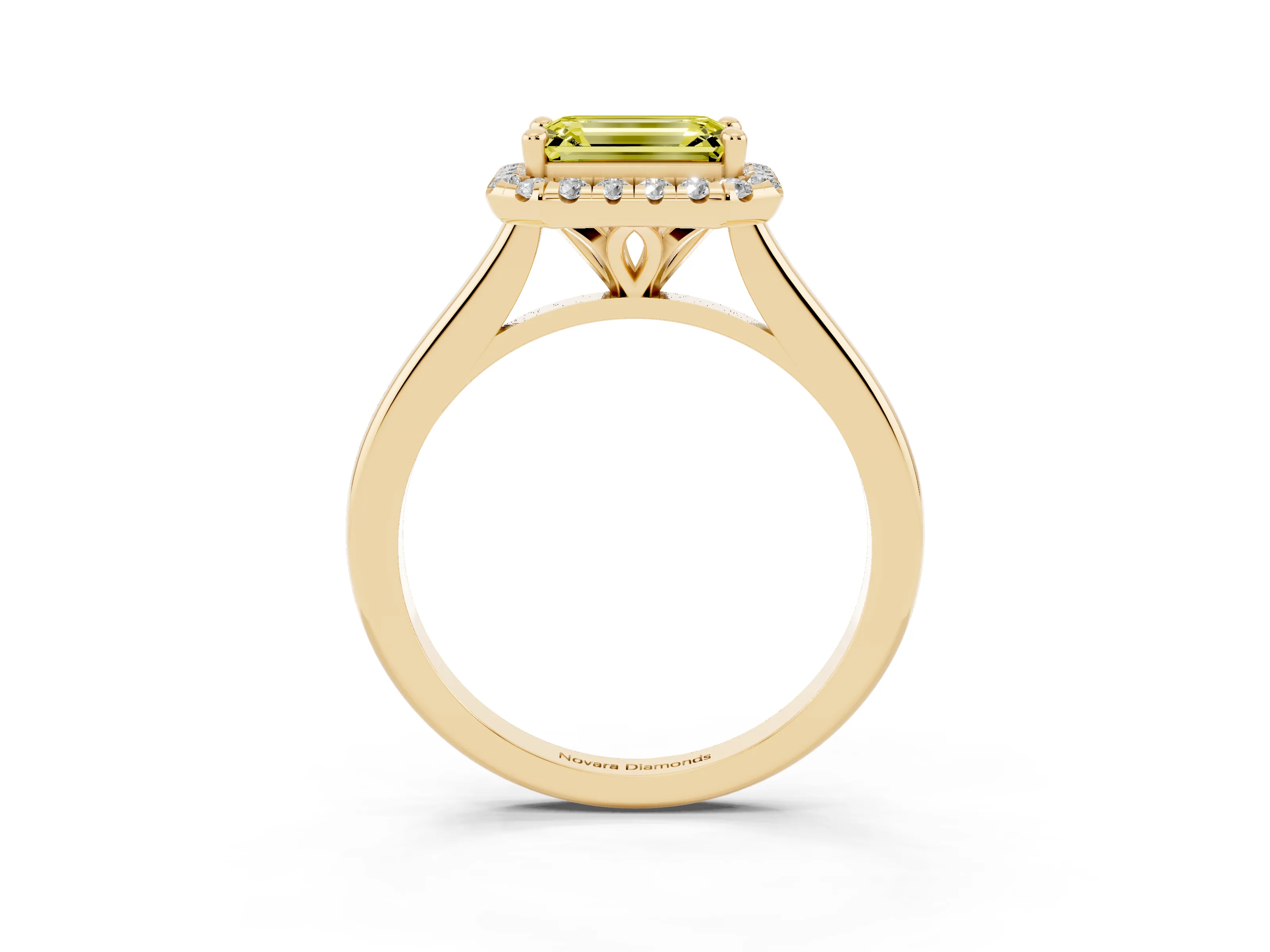 Fancy Yellow Emerald Cut Diamond Halo Engagement Ring Set in Yellow gold with Pavé Band and Rising Shoulders