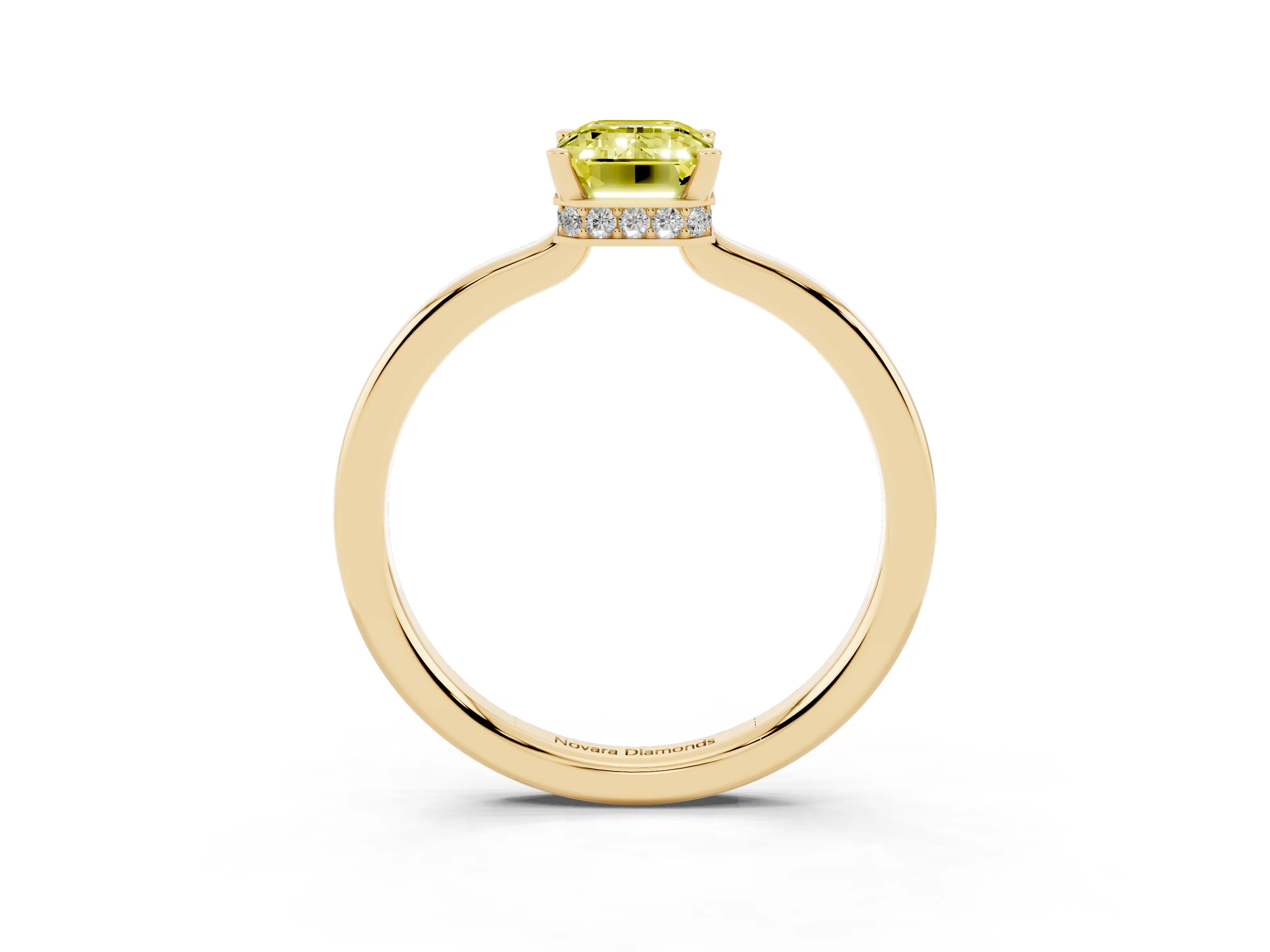 Fancy Yellow Emerald Cut Diamond Solitaire Engagement Ring Set in Yellow gold with Prong Setting on a Plain Band