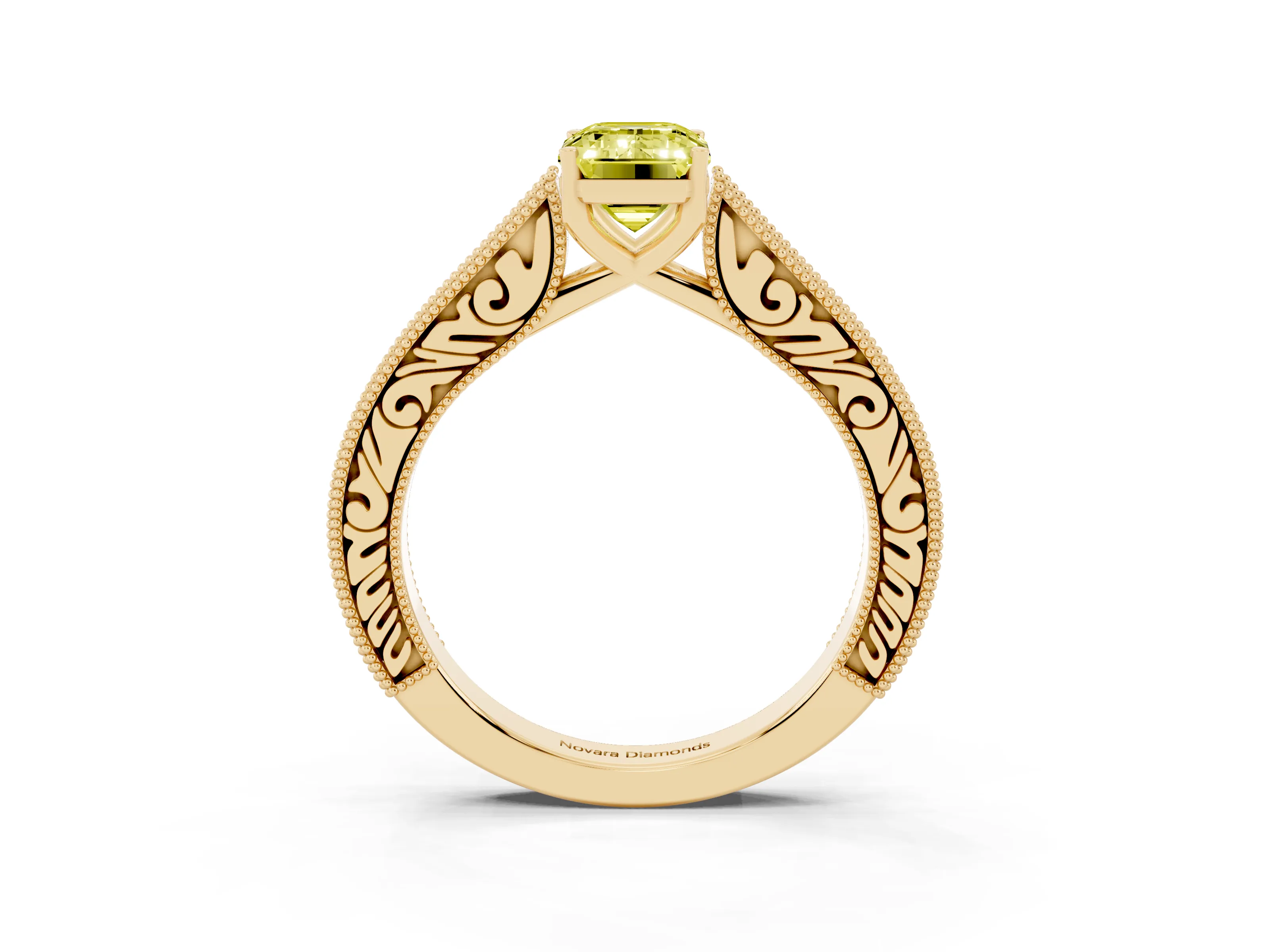 Fancy Yellow Emerald Cut Diamond Milgrain Pavé Band Solitaire Ring Set in Yellow gold with Prong Setting