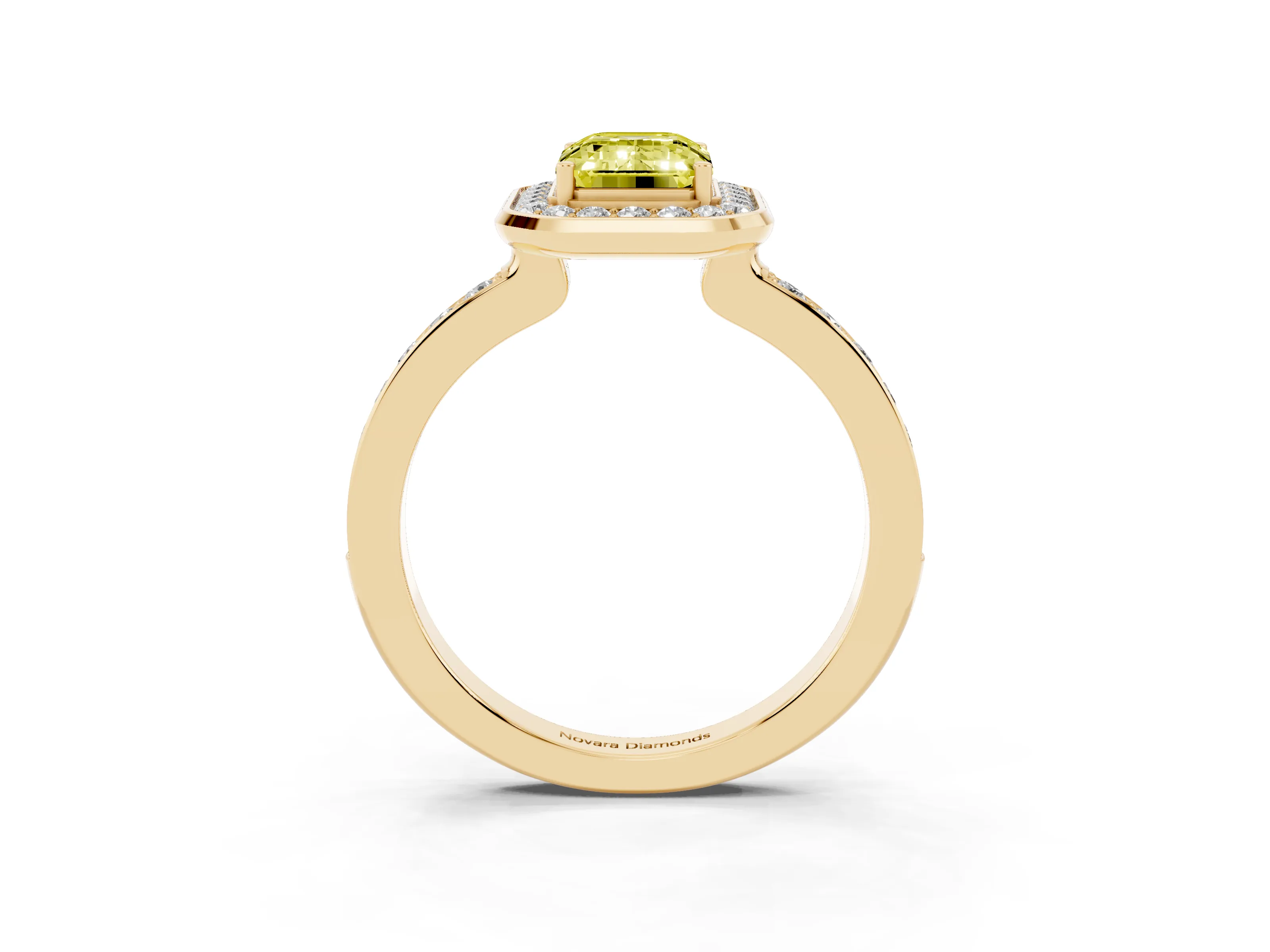 Fancy Yellow Emerald Cut Diamond Halo Ring Set in Yellow gold with Bezel Frame and Pavé Band