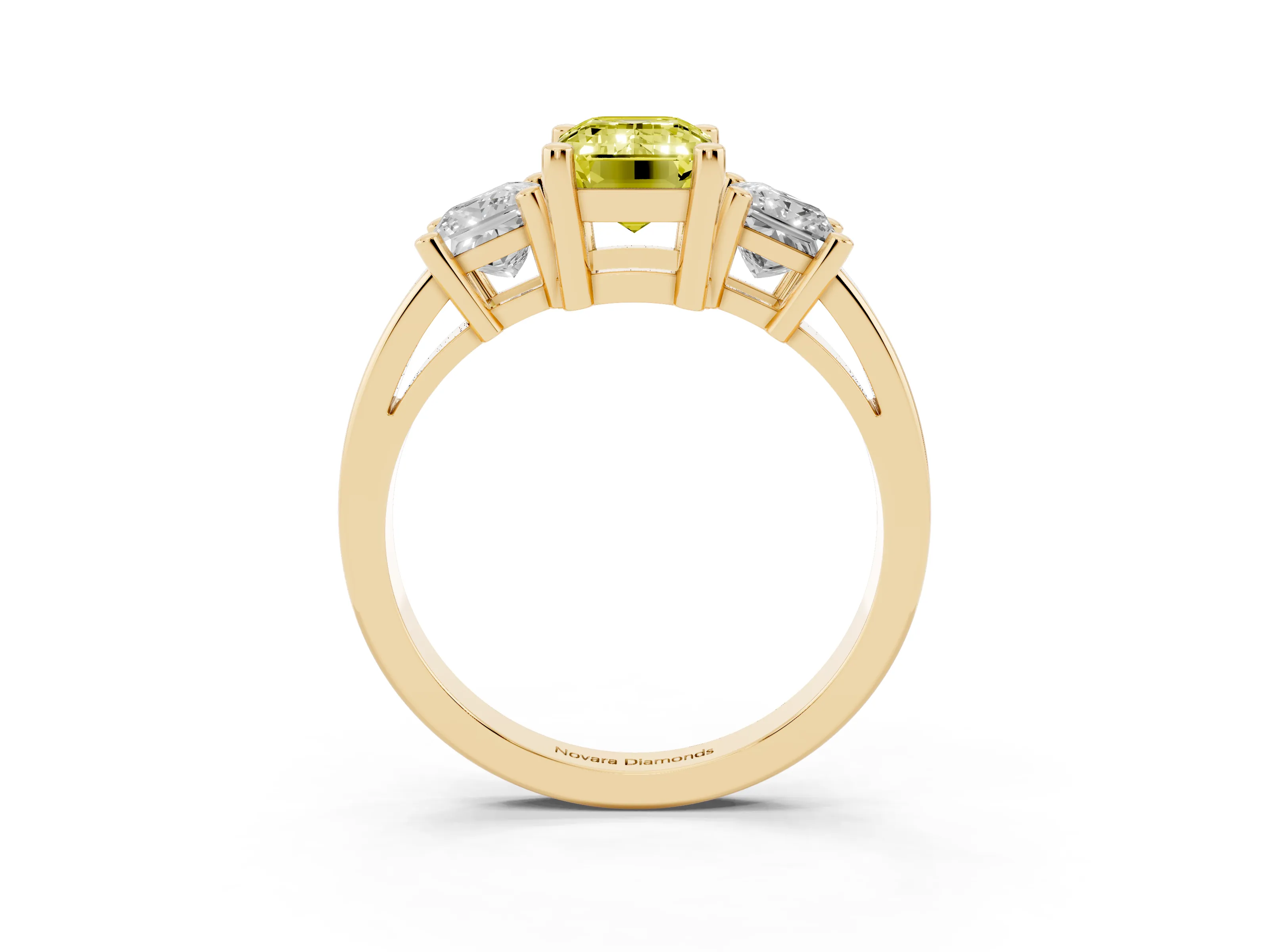 Fancy Yellow Three-Stone Emerald Cut Diamond Solitaire Ring Set in Yellow gold with Prong Setting