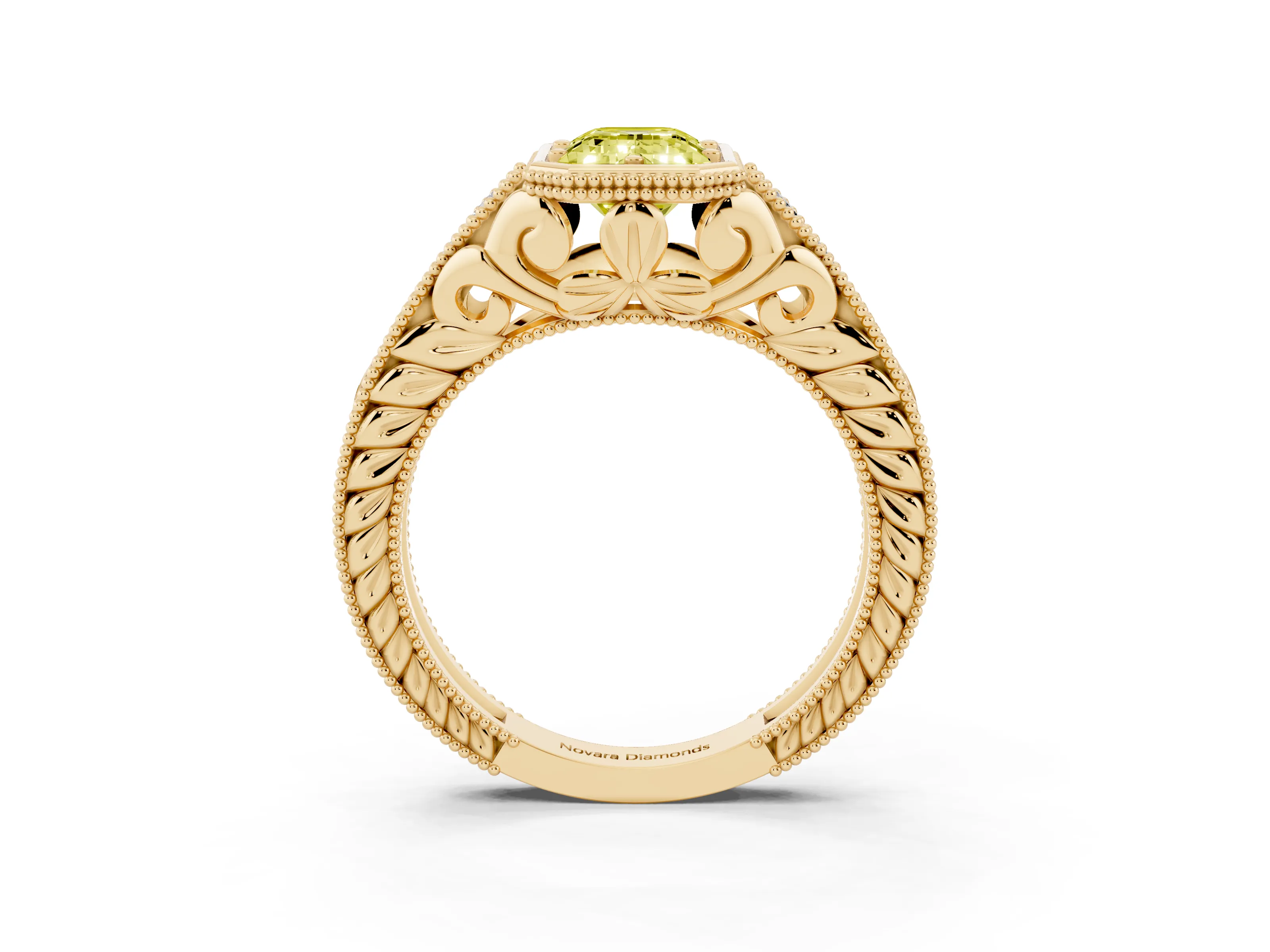 Fancy Yellow Bezel Set Emerald Cut Diamond Milgrain Pavé Engagement Ring Set in Yellow gold