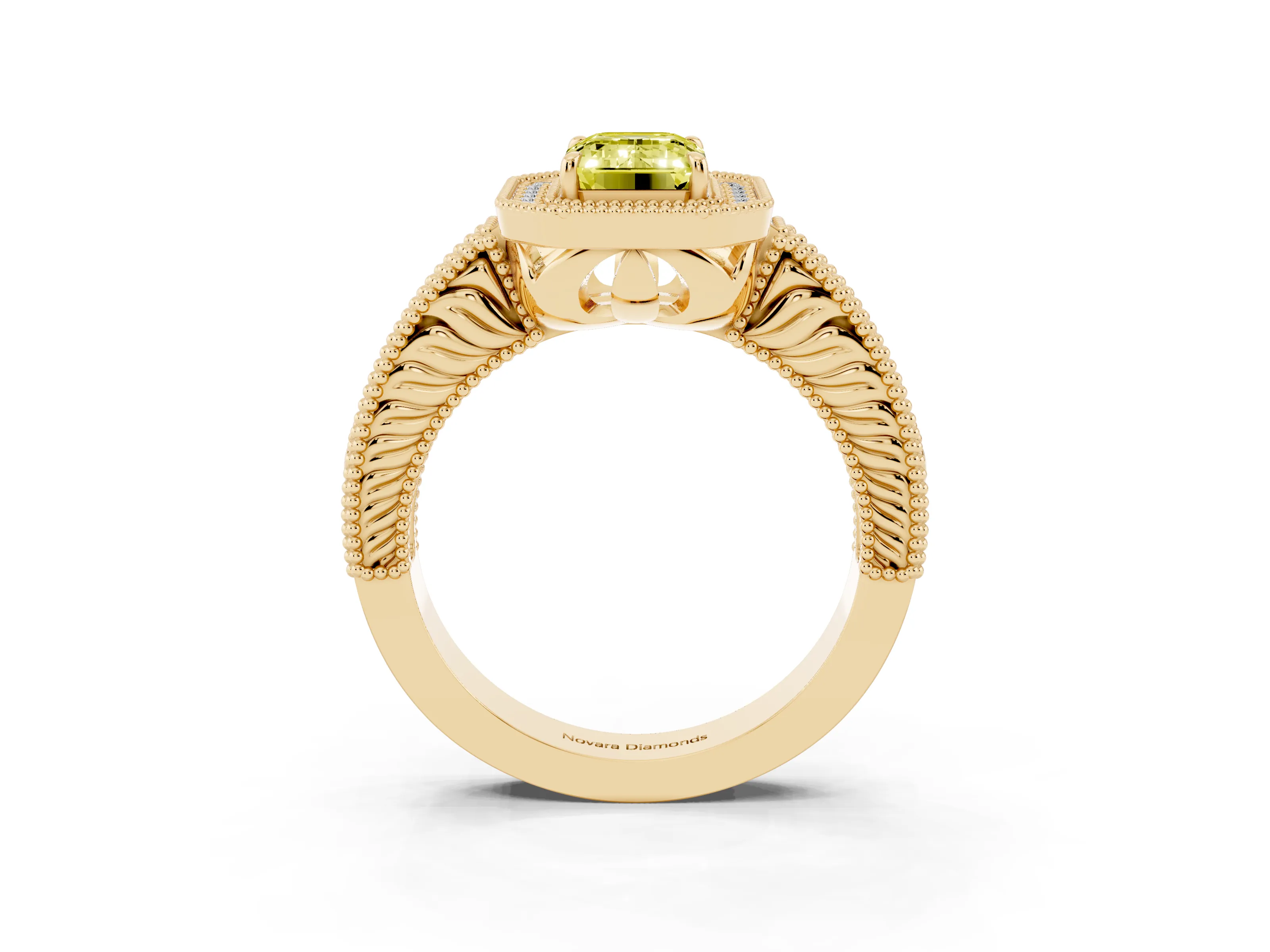 Fancy Yellow Emerald Cut Diamond Halo Ring Set in Yellow gold with Round Accent Halo, Pavé Band and Prong Setting