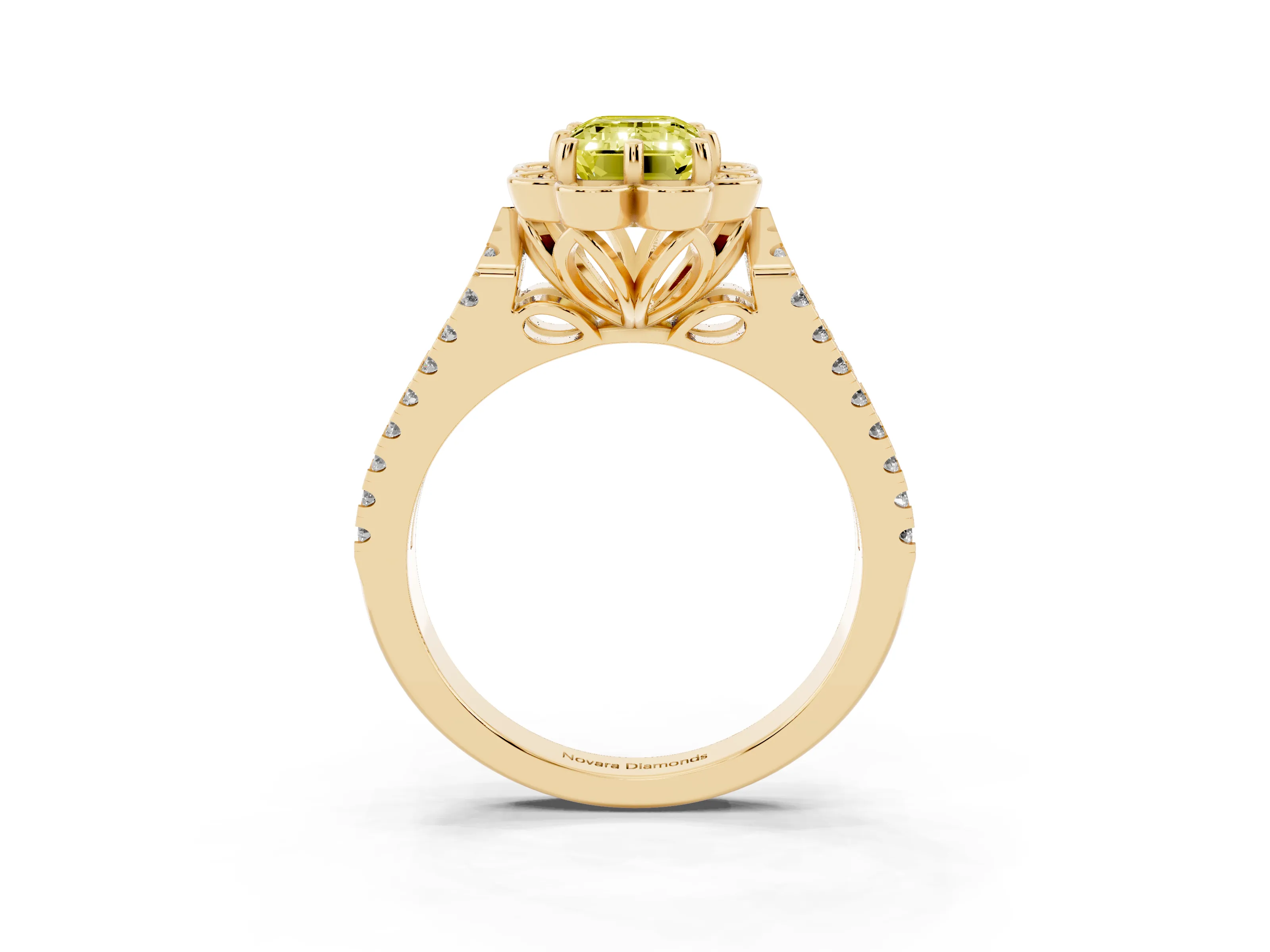 Fancy Yellow Emerald Cut Diamond Floral Halo Split Shank Engagement Ring Set in Yellow gold with Pavé Shank