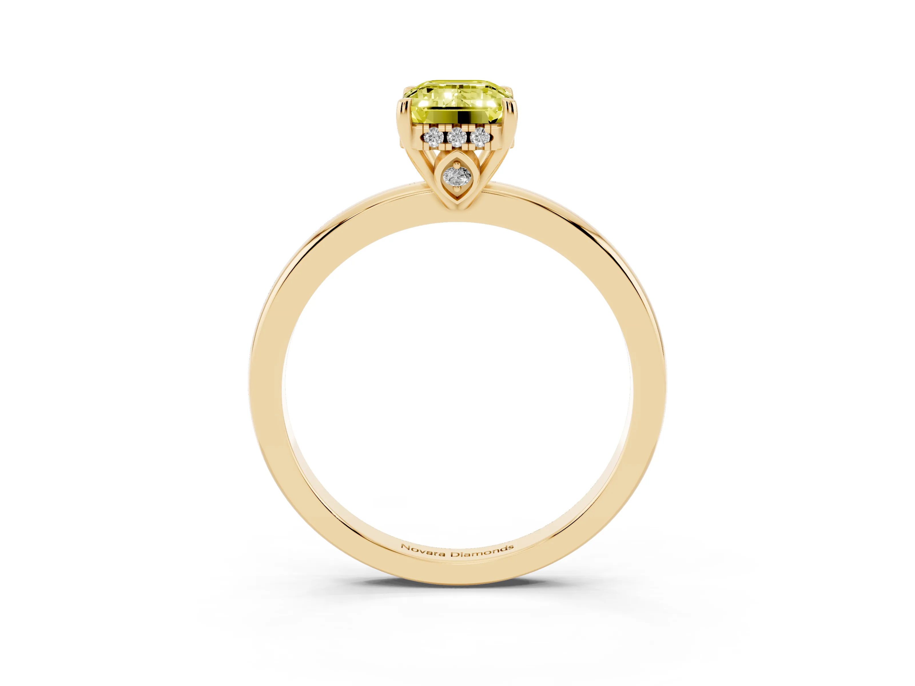 Fancy Yellow Emerald Cut Diamond Solitaire Ring Set in Yellow gold with Plain Band and Prong Setting