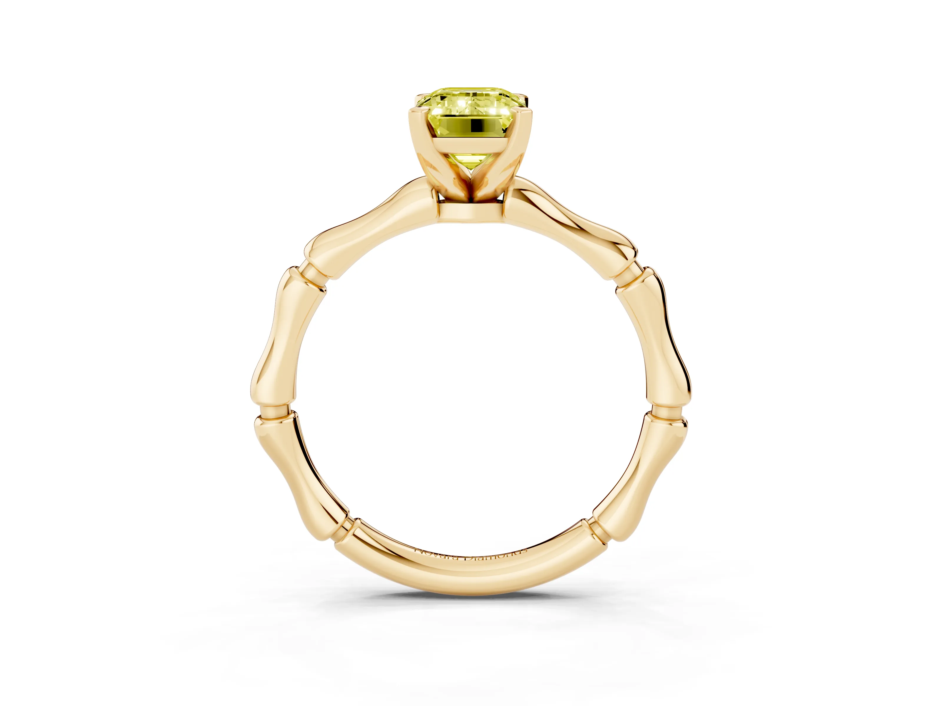 Fancy Yellow Emerald Cut Diamond Solitaire Ring Set in Yellow gold with Bamboo Band and Prong Setting