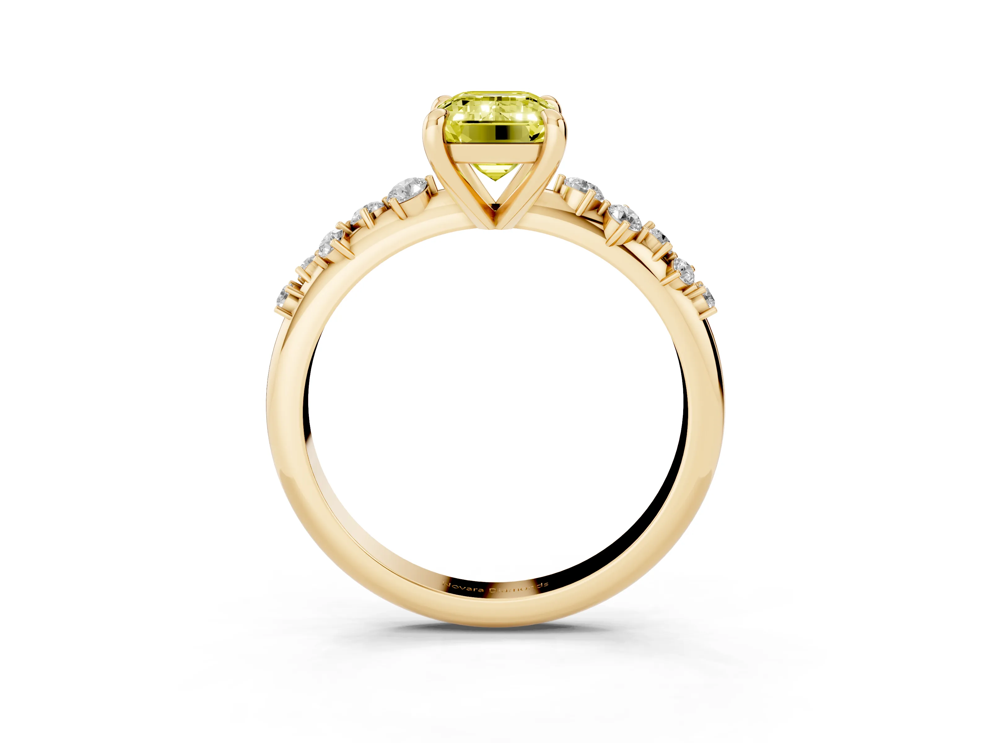 Fancy Yellow Emerald Cut Diamond Solitaire Vine Band Ring Set in Yellow gold with Round Accents and Prong Setting