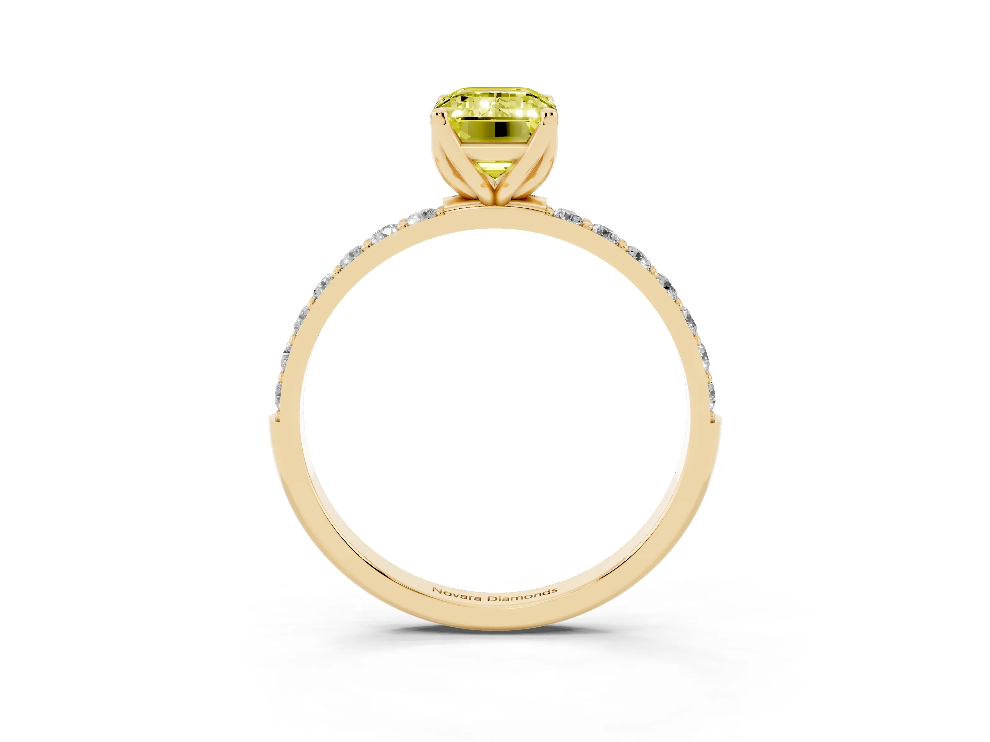 Fancy Yellow Emerald Cut Diamond Solitaire Engagement Ring Set in Yellow gold with Round Pavé Band and Prong Setting
