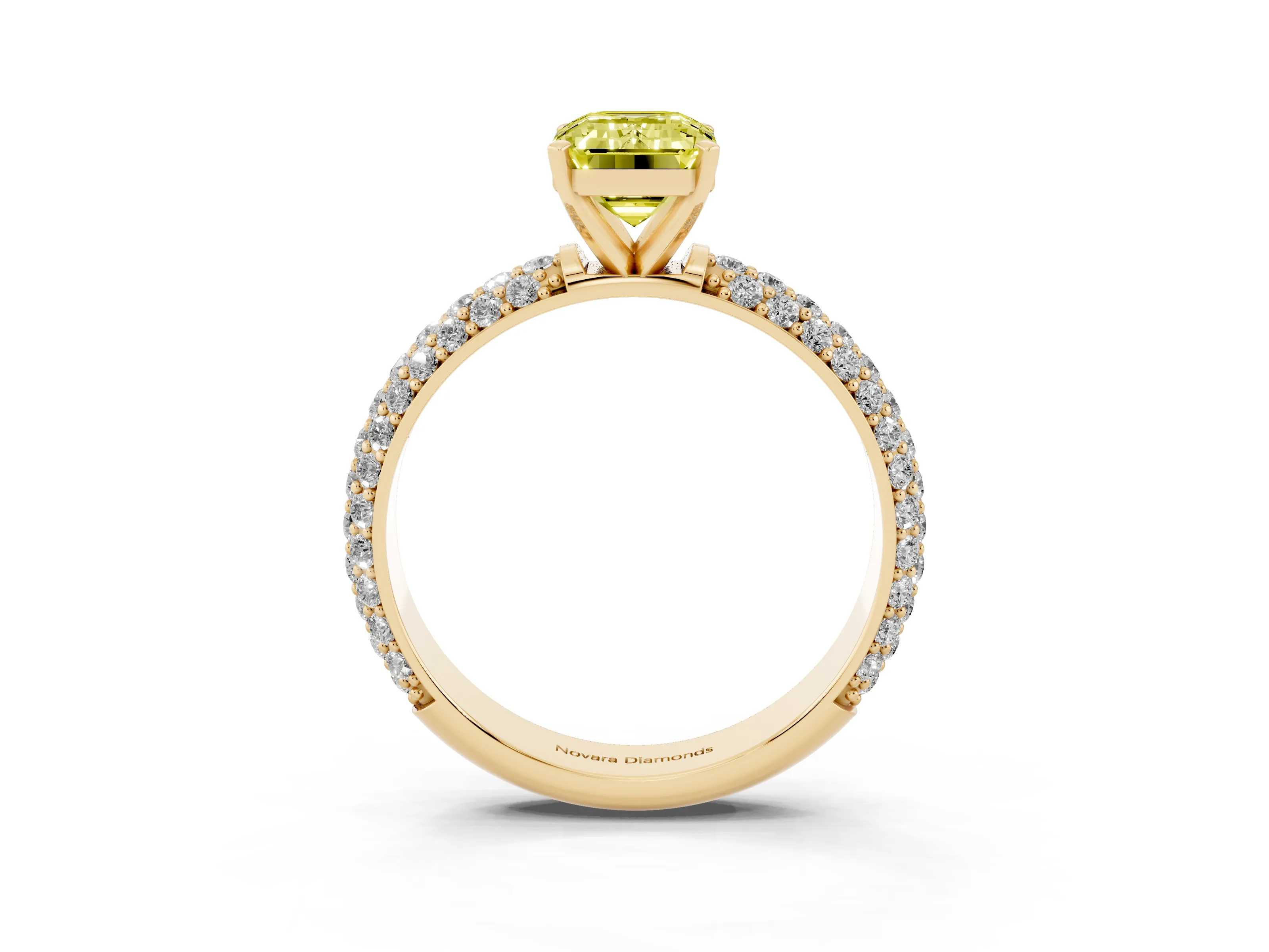 Fancy Yellow Emerald Cut Diamond Solitaire Ring Set in Yellow gold with Prong Setting and Pavé-Set Band