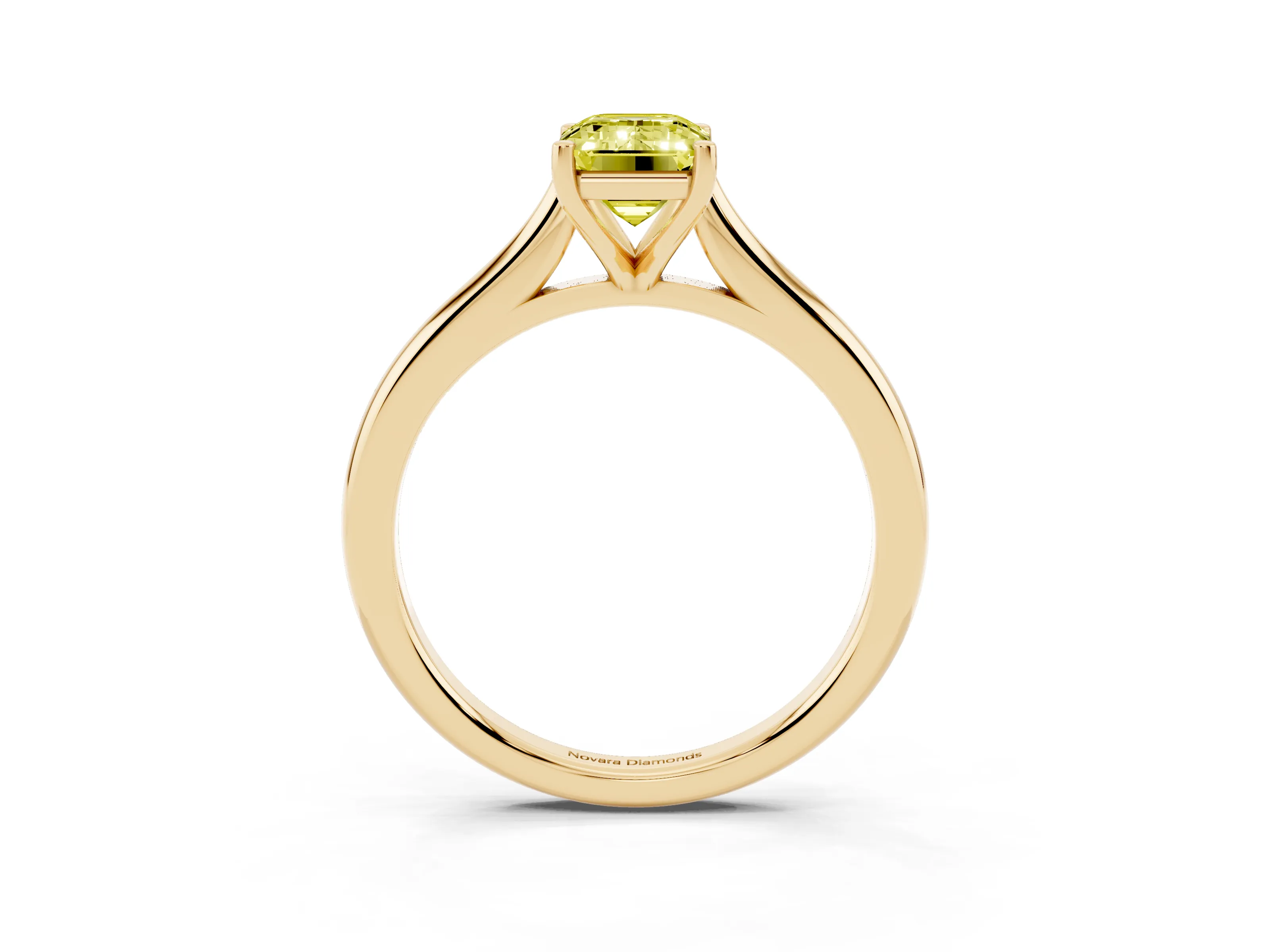 Fancy Yellow Emerald Cut Diamond Solitaire Ring Set in Yellow gold with Cathedral Band and Prong Setting