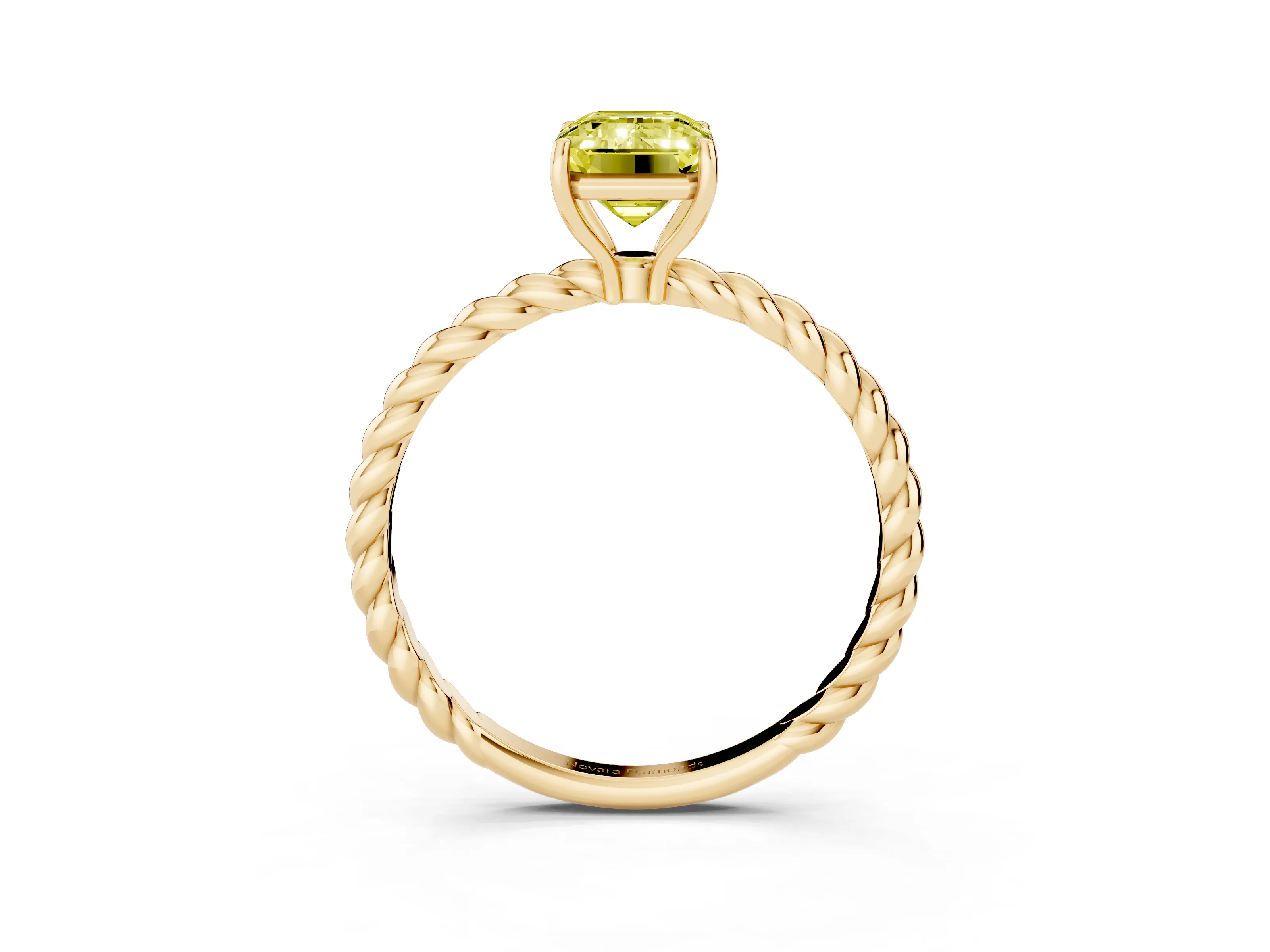 Fancy Yellow Emerald Cut Diamond Solitaire Ring Set in Yellow gold with Twist Band and Prong Setting