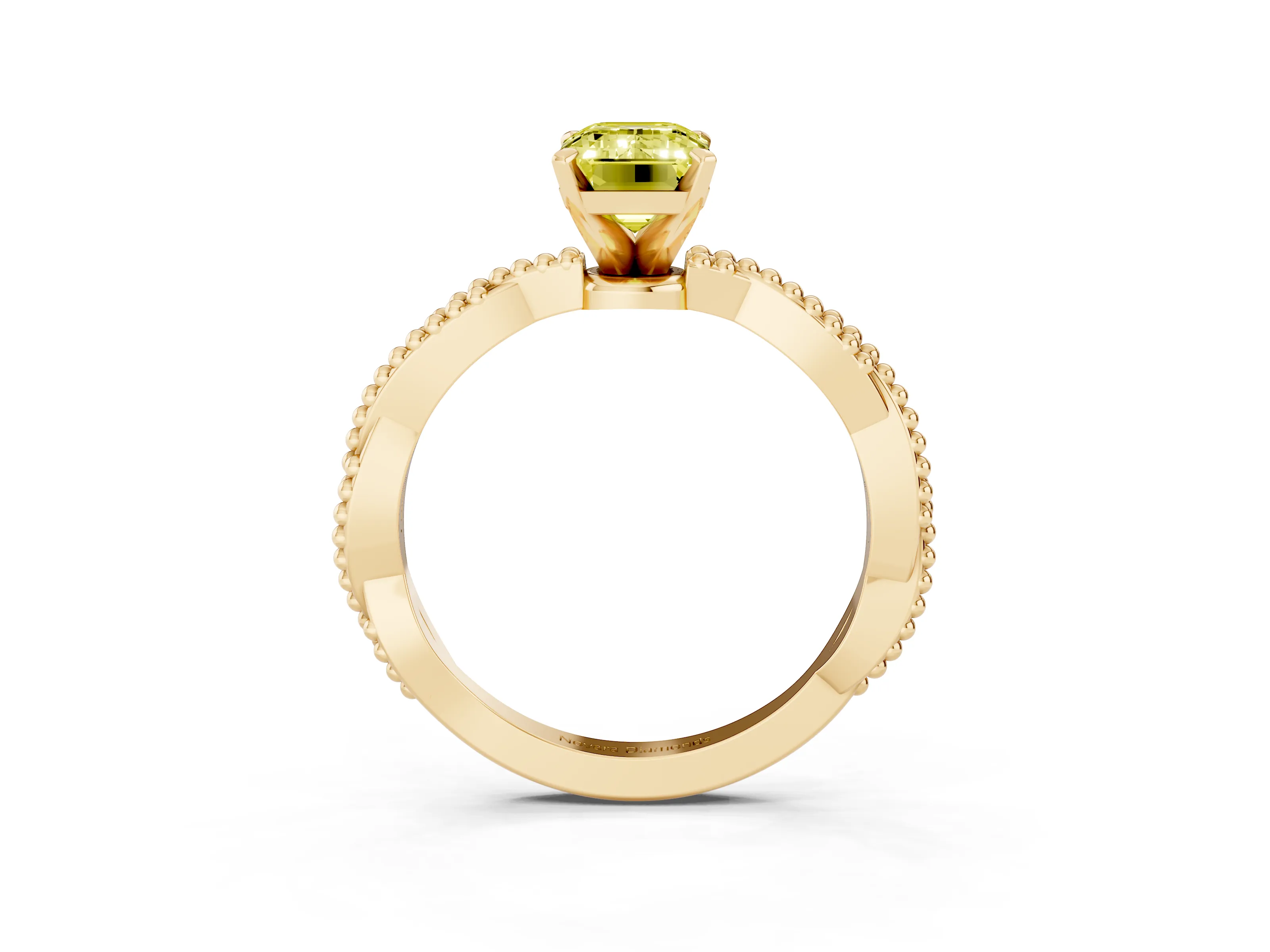 Fancy Yellow Emerald Cut Diamond Solitaire Ring Set in Yellow gold with Twisted Band and Bead Prong Setting