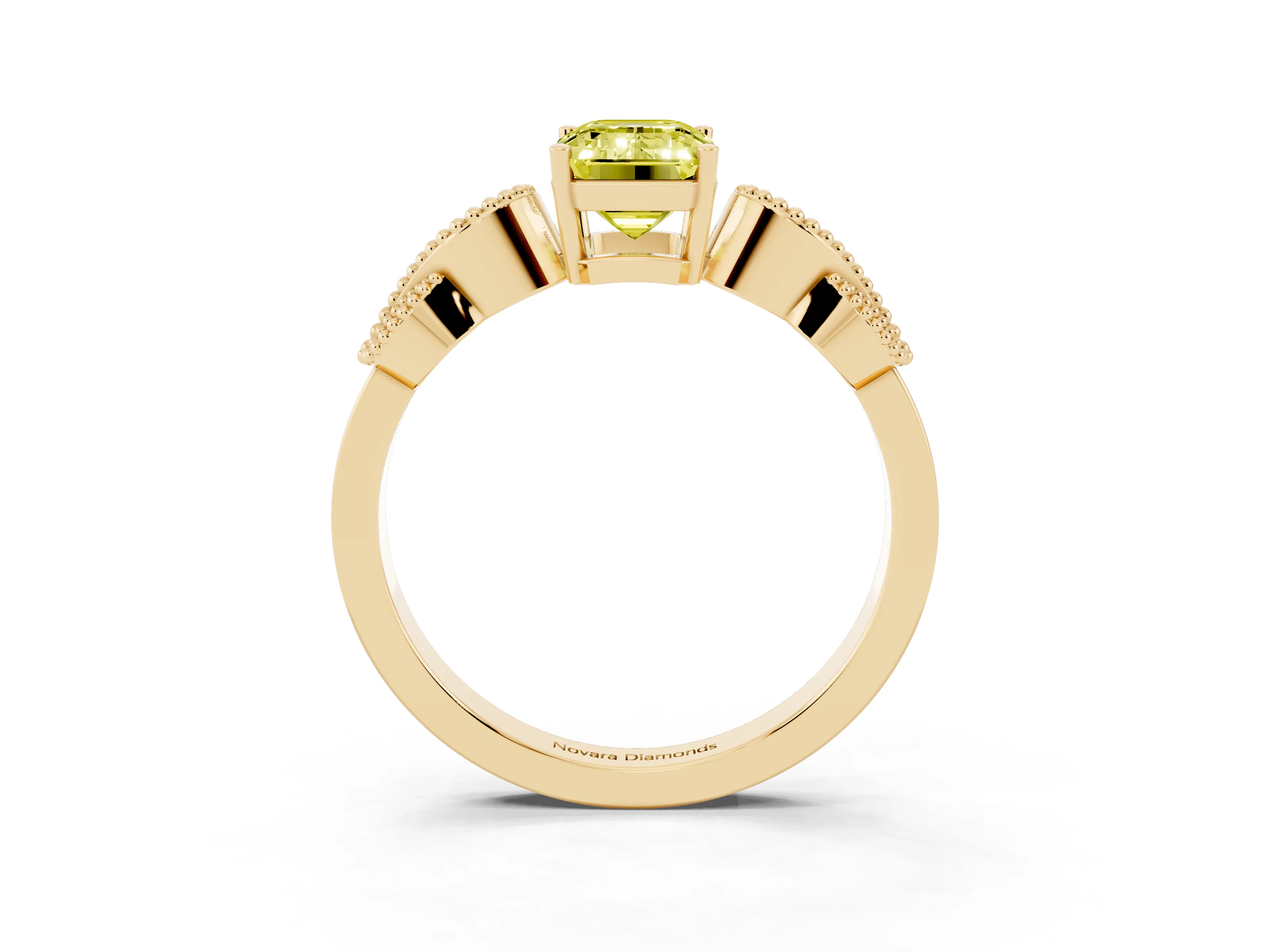 Fancy Yellow Emerald Cut Diamond Milgrain Leaf Band Solitaire Ring Set in Yellow gold with Accent Stones and Prong Setting