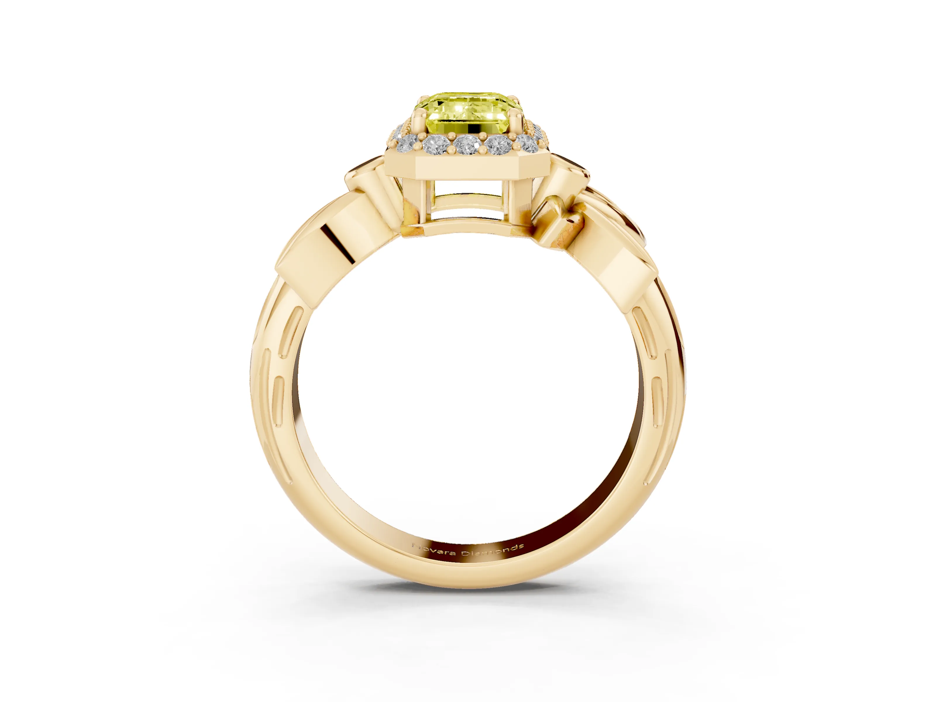 Fancy Yellow Emerald Cut Diamond Halo Floral Band Ring Set in Yellow gold with Prong Setting