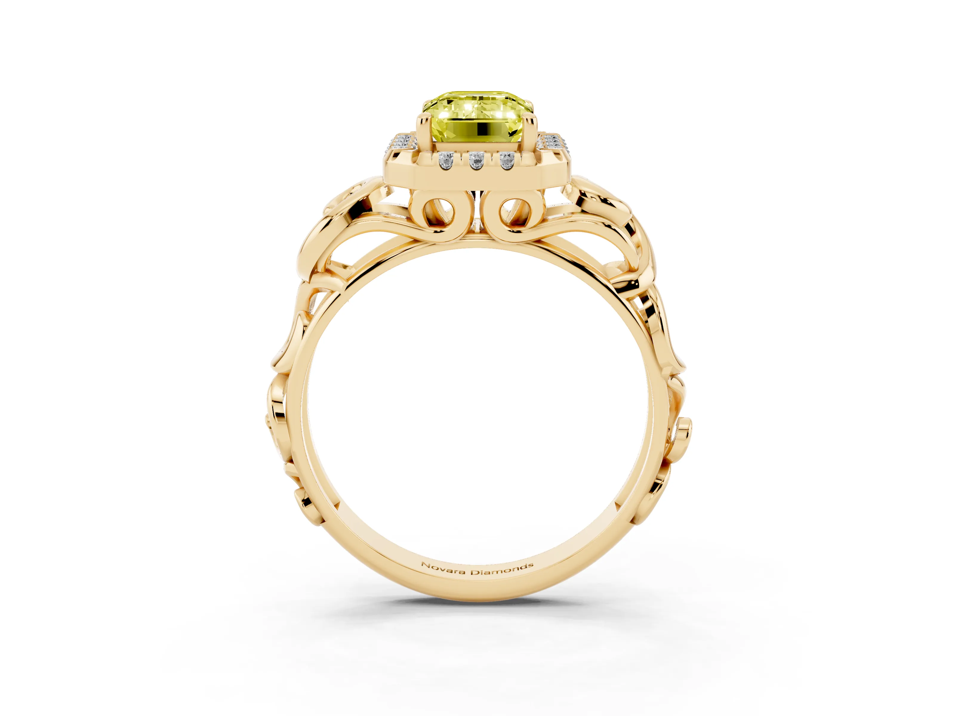 Fancy Yellow Emerald Cut Diamond Halo Ring Set in Yellow gold with Scrollwork Band and Prong Setting